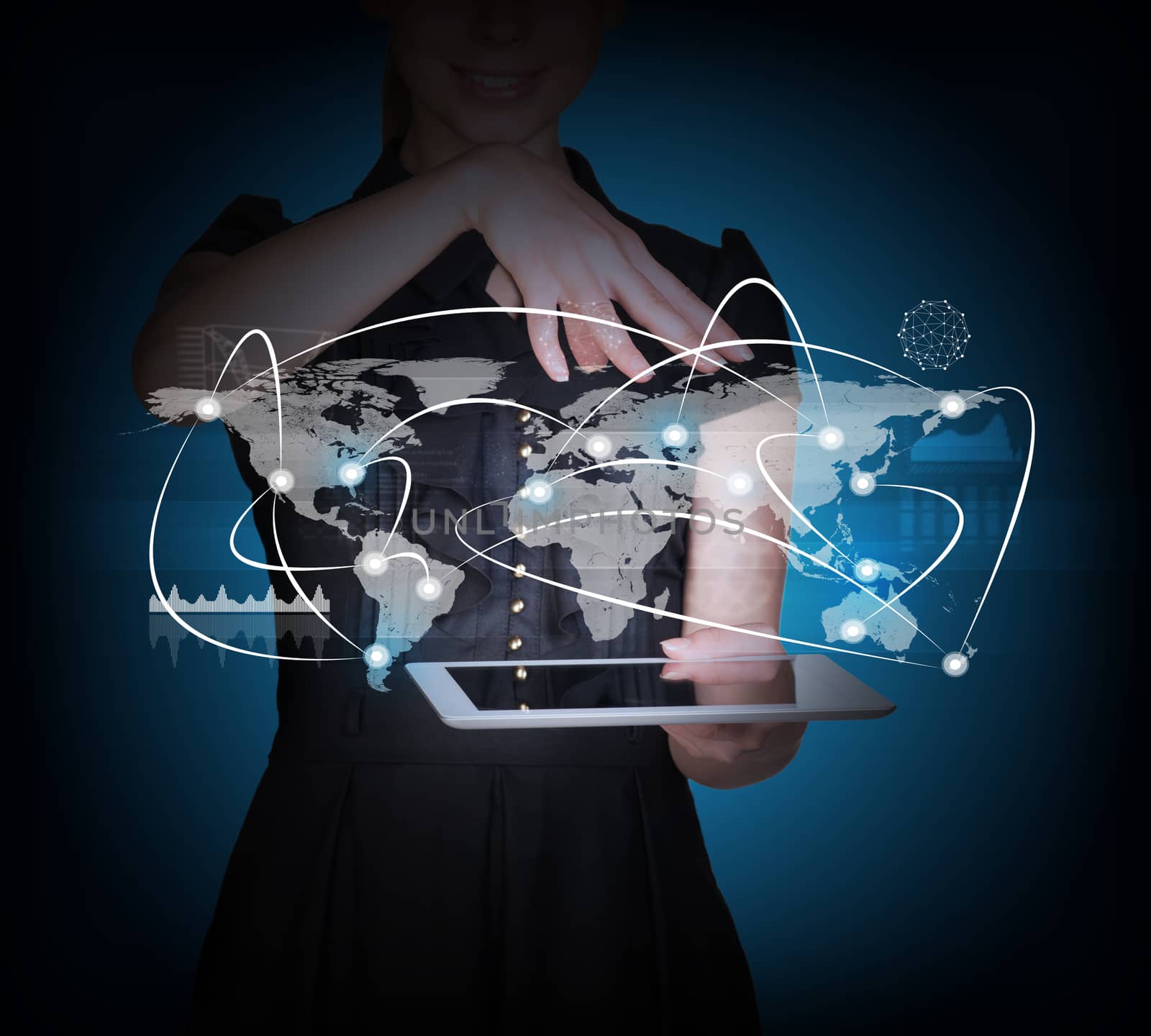 Businesswoman with tablet and 3d world map by cherezoff