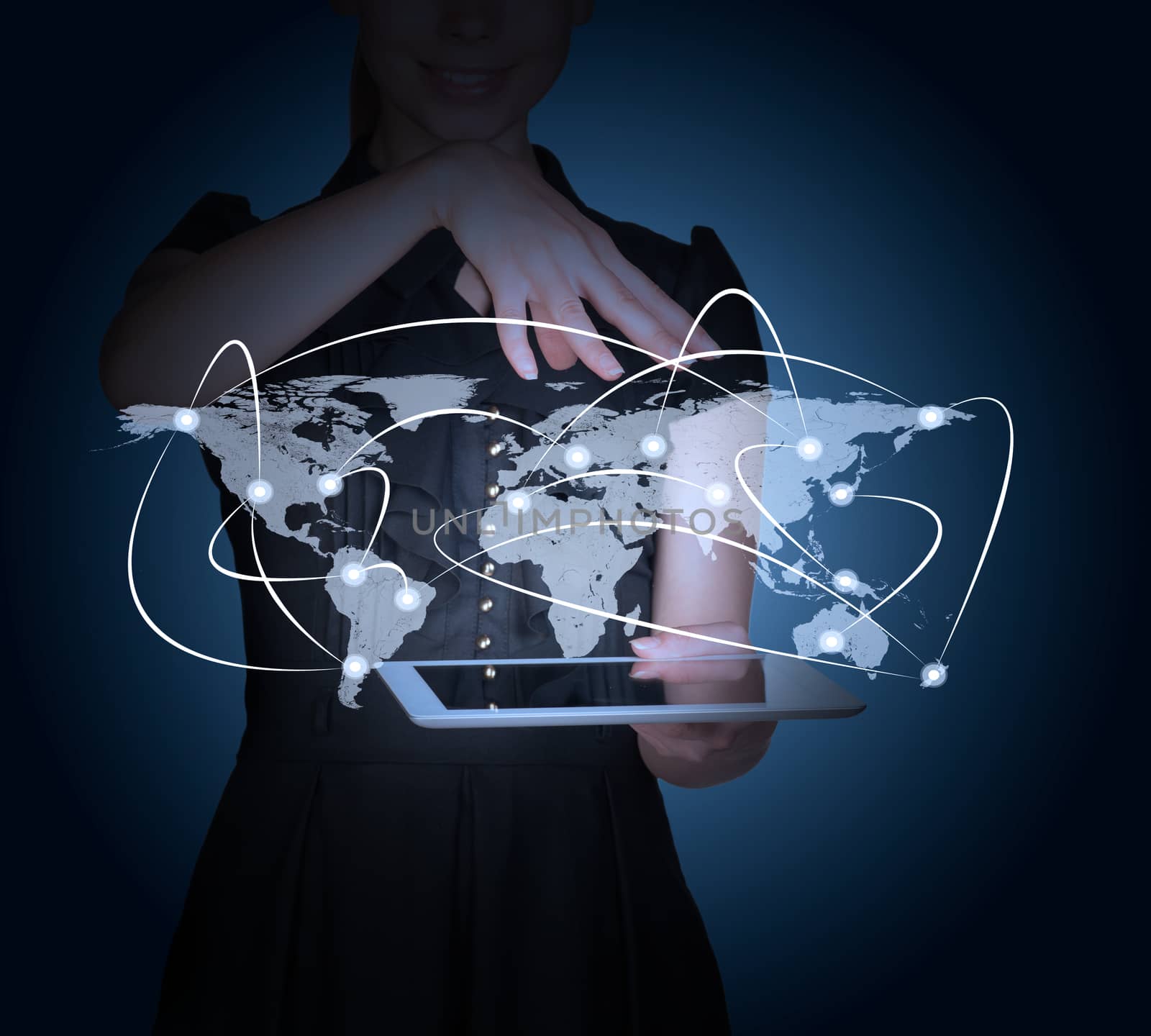 Businesslady with tablet and 3d world map on abstract blue background