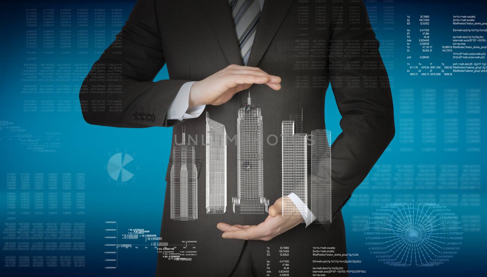 Businessman with 3d model of city in hands on abstract blue background with graphs