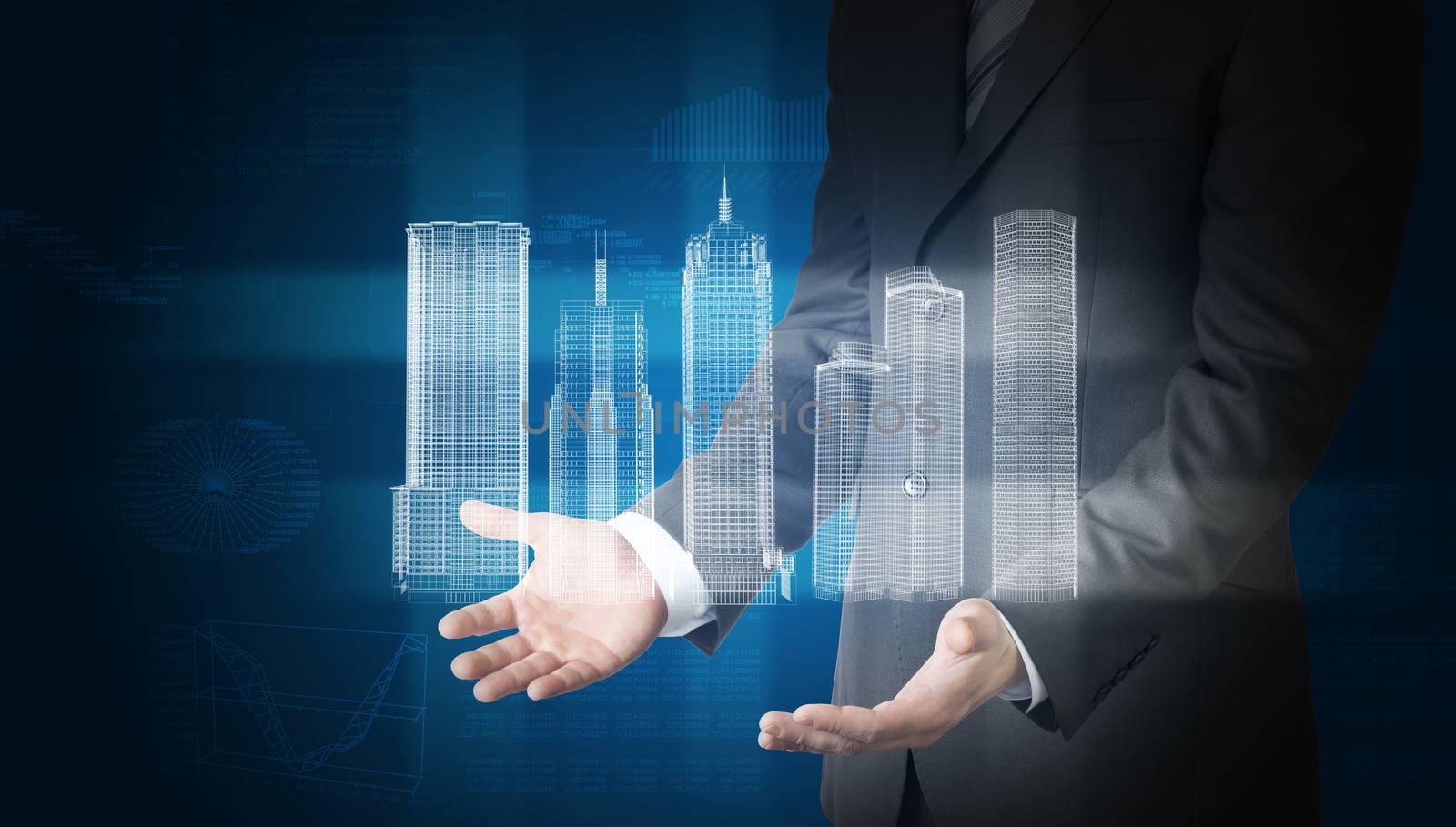 Businessman with 3d city model and graphs by cherezoff