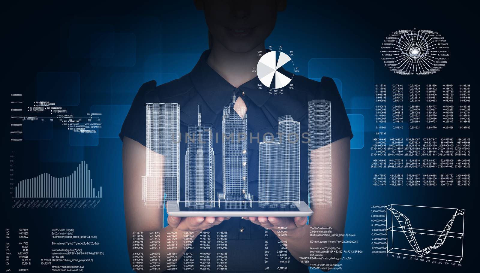 Businesswoman with tablet and 3d city model on abstract blue background