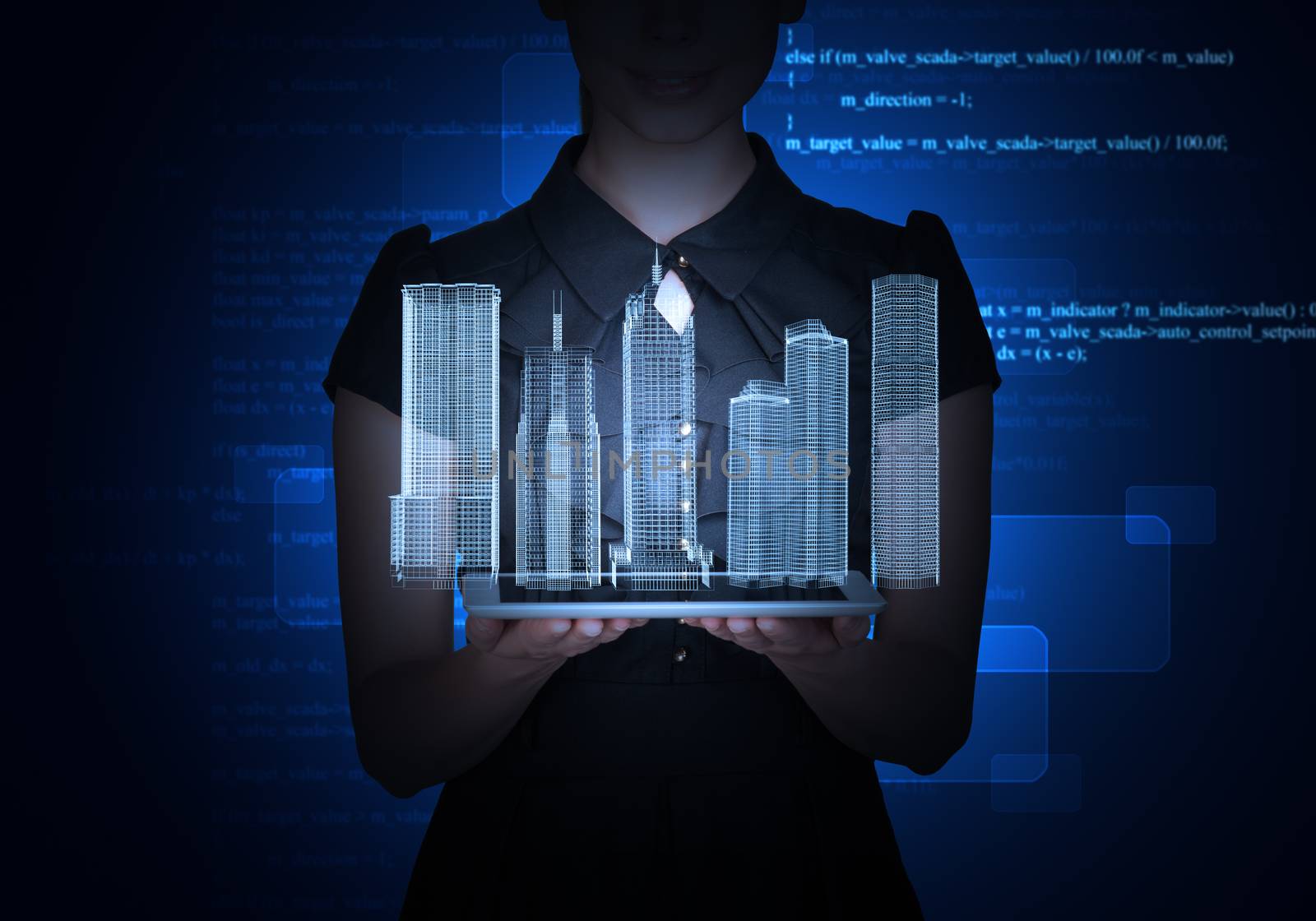 Businesslady with tablet and 3d city model on abstract blue background