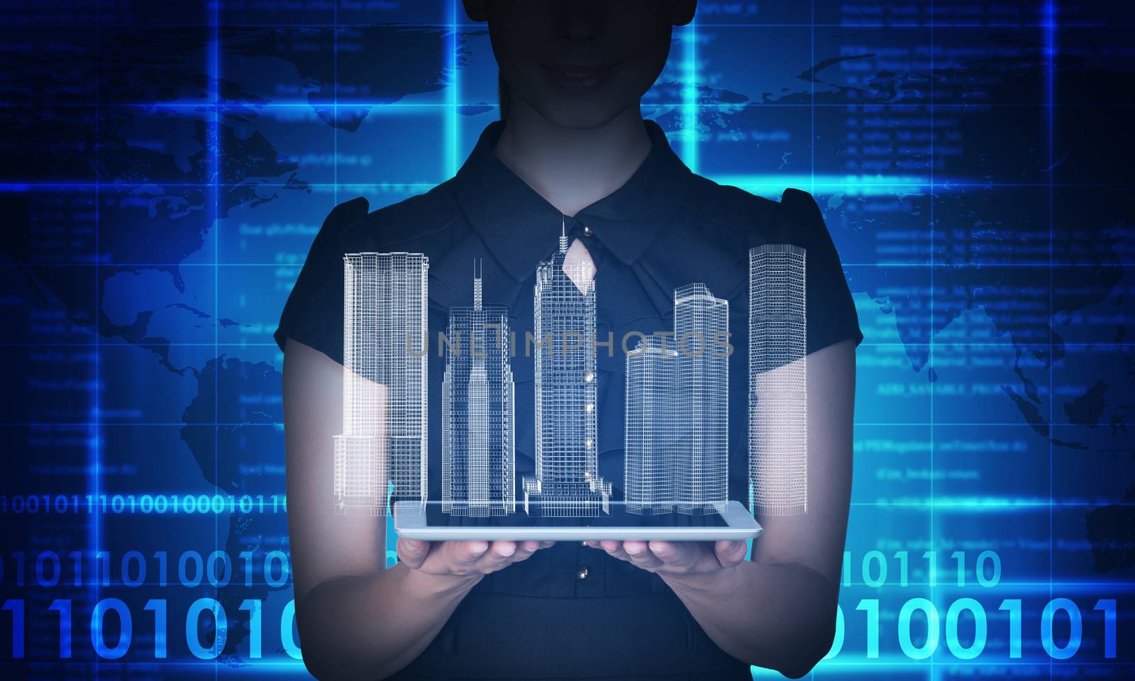 Businesswoman holding tablet and 3d city model on abstract blue background