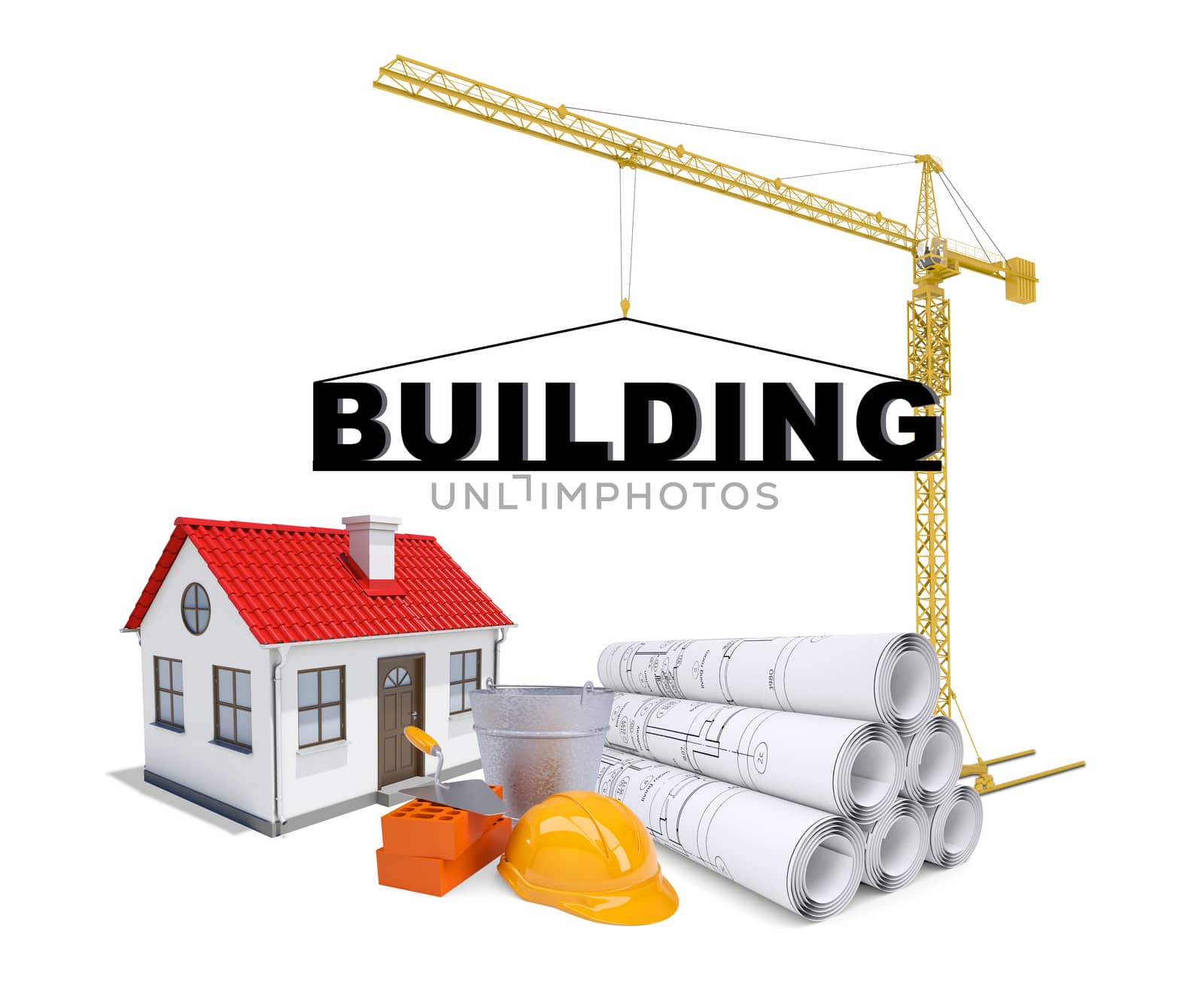 Building crane with house on isolated white background