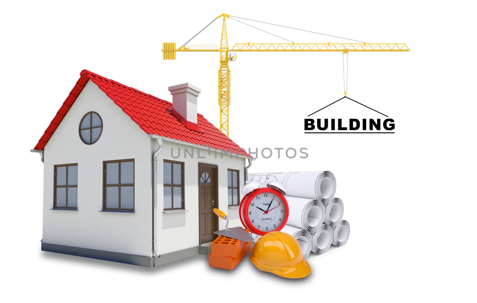 Building crane with alarm clock and house on isolated white background