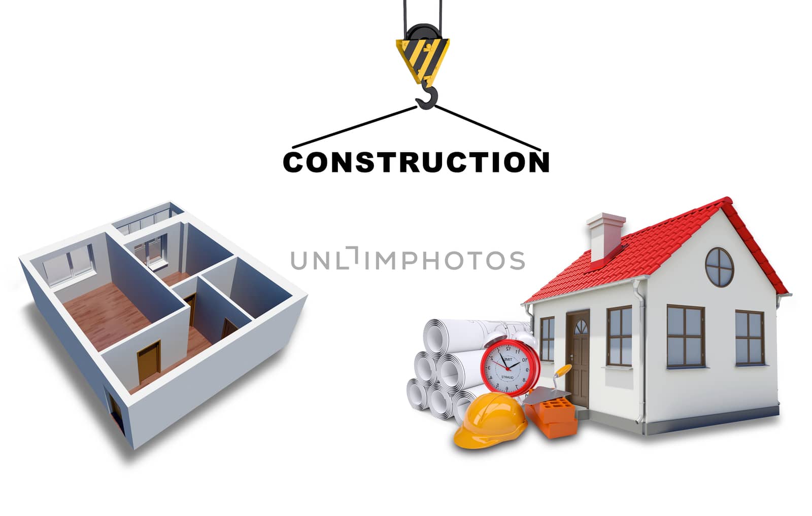 Building crane with construction site on isolated white background