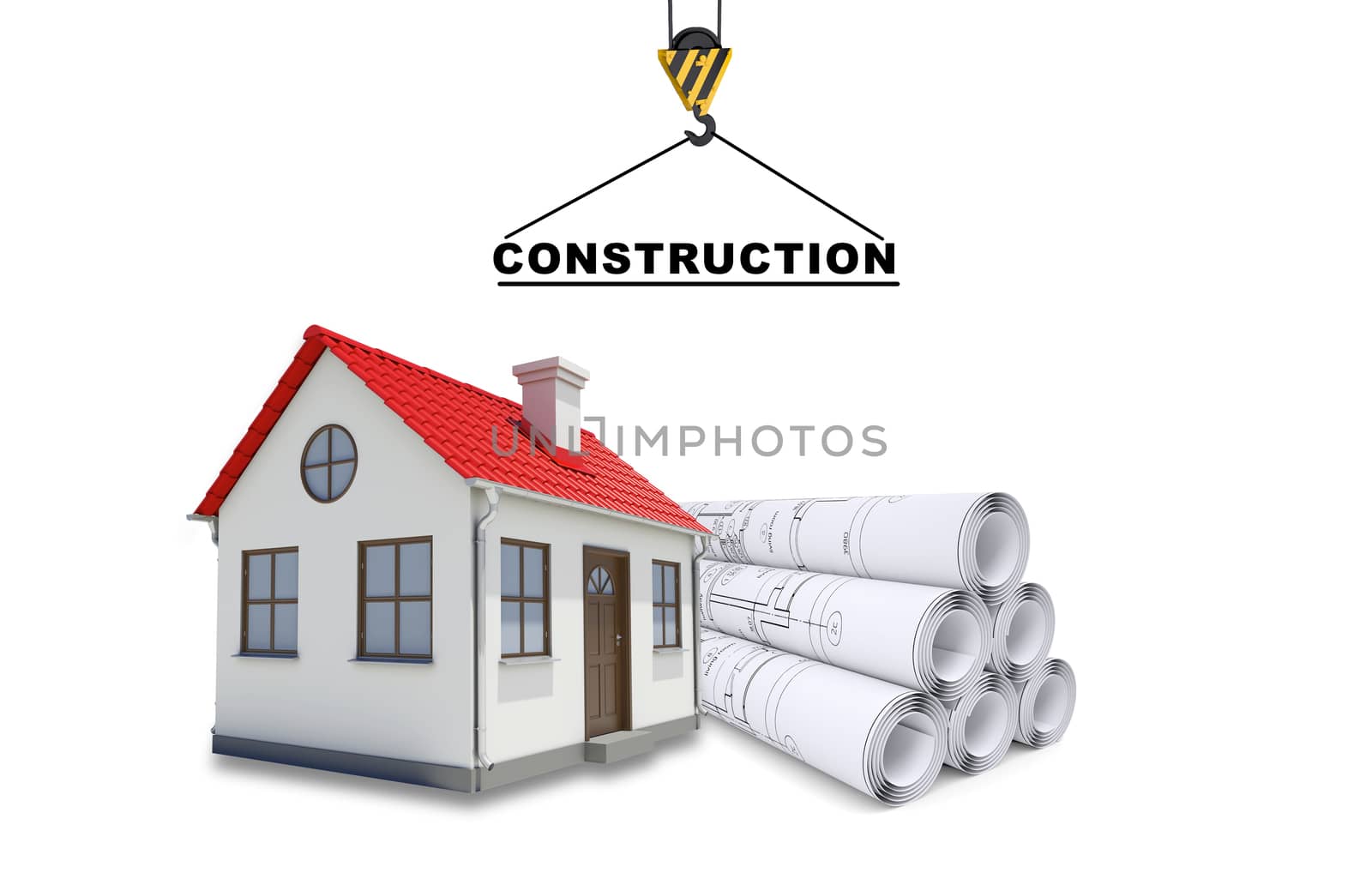 Building crane with sketches on isolated white background