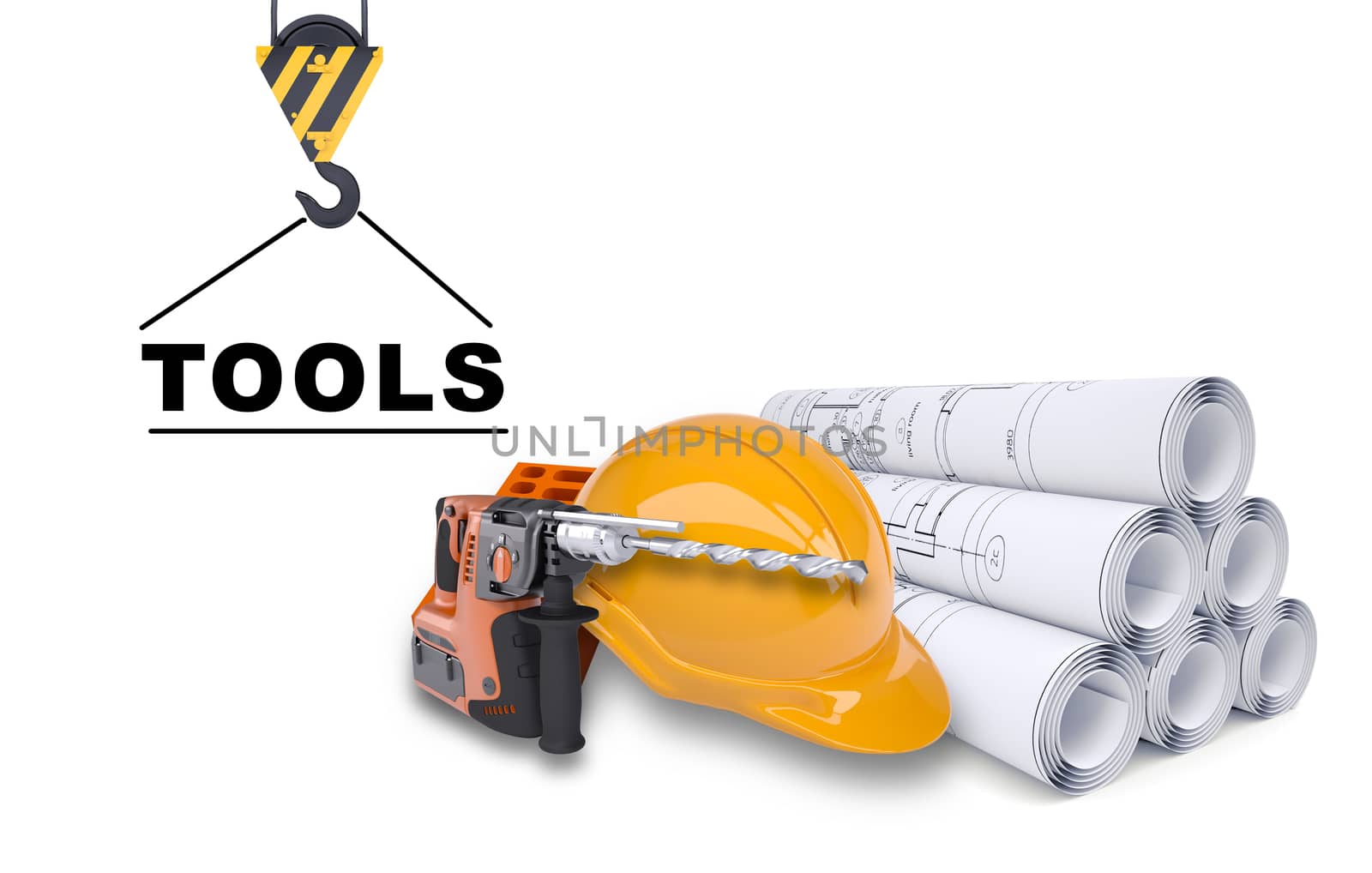 Building crane with tools on isolated white background