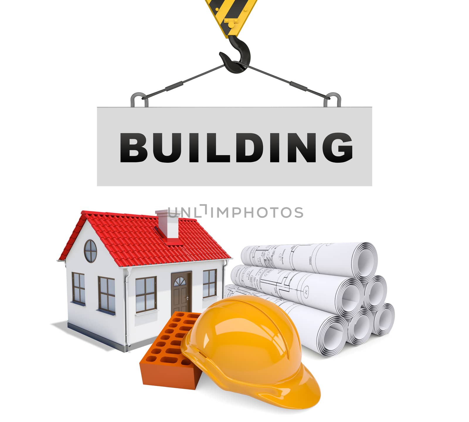 Building crane with sketches and helmet on isolated white background