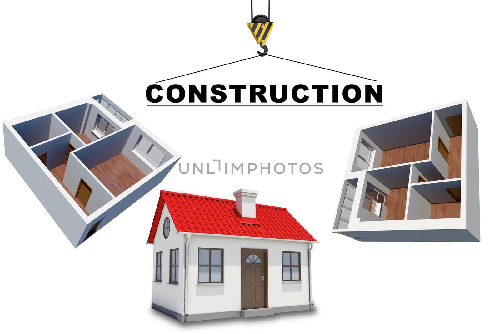 Building crane with floor models on isolated white background