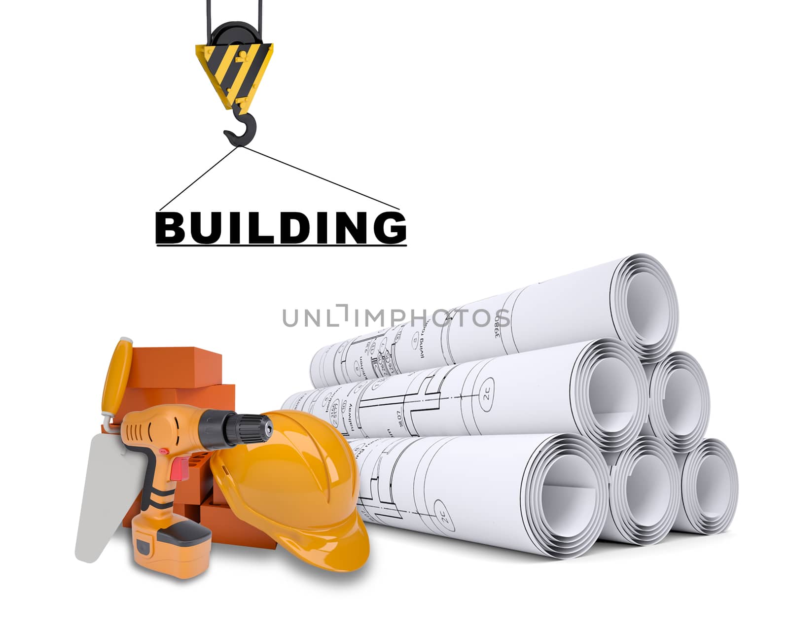Tower crane with tools on isolated white background