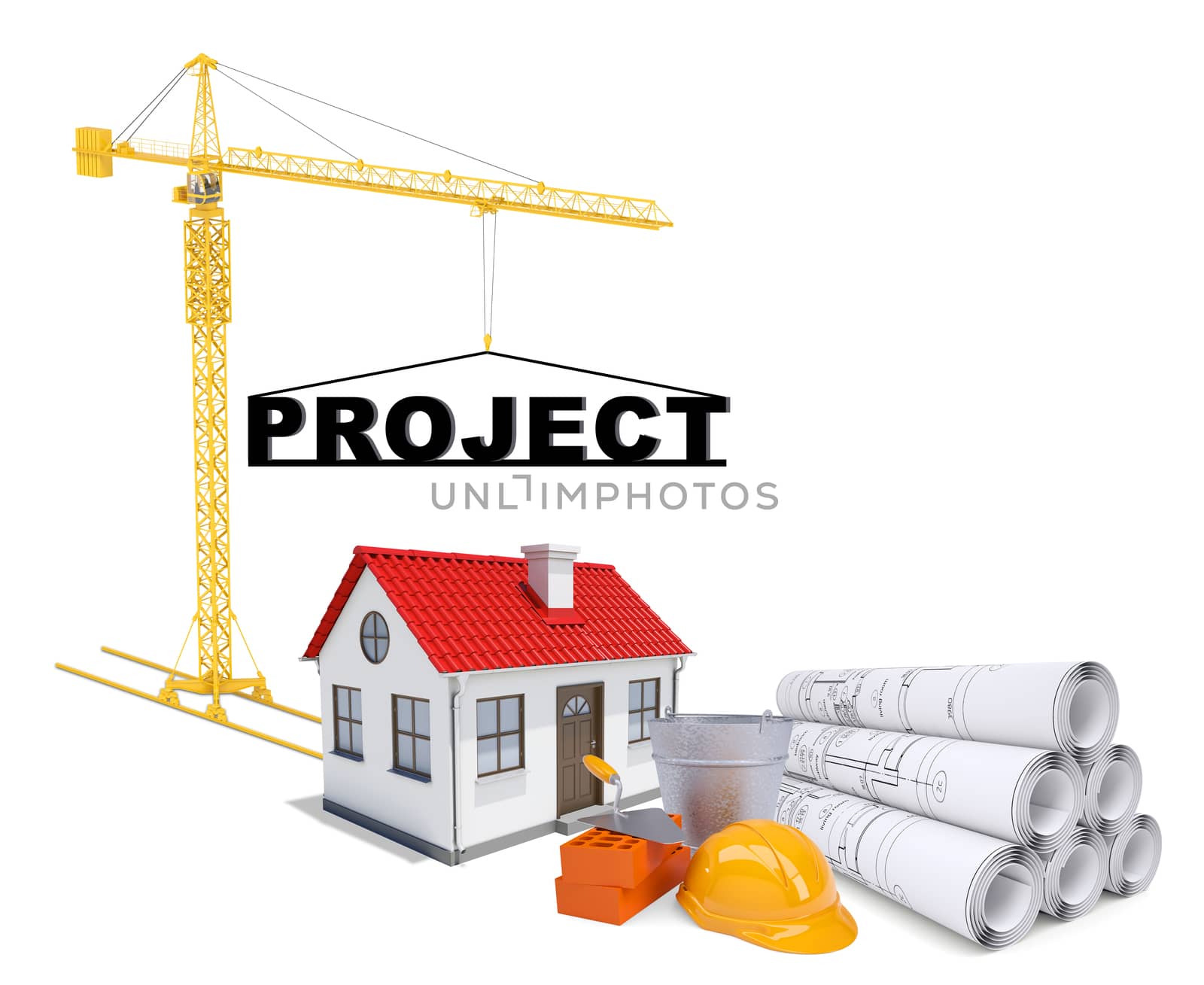 Tower crane with house on isolated white background