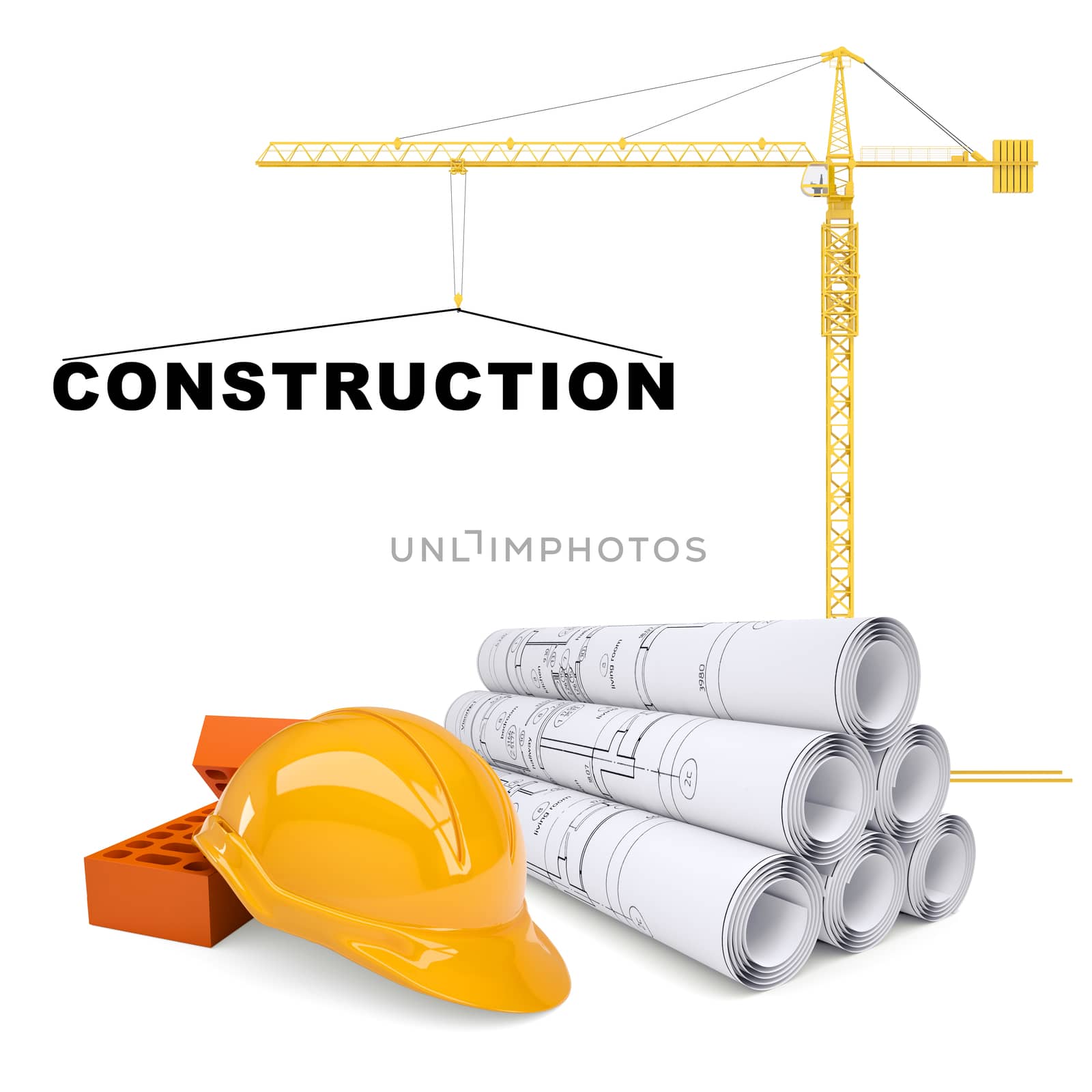 Crane with tools and helmet on isolated white background