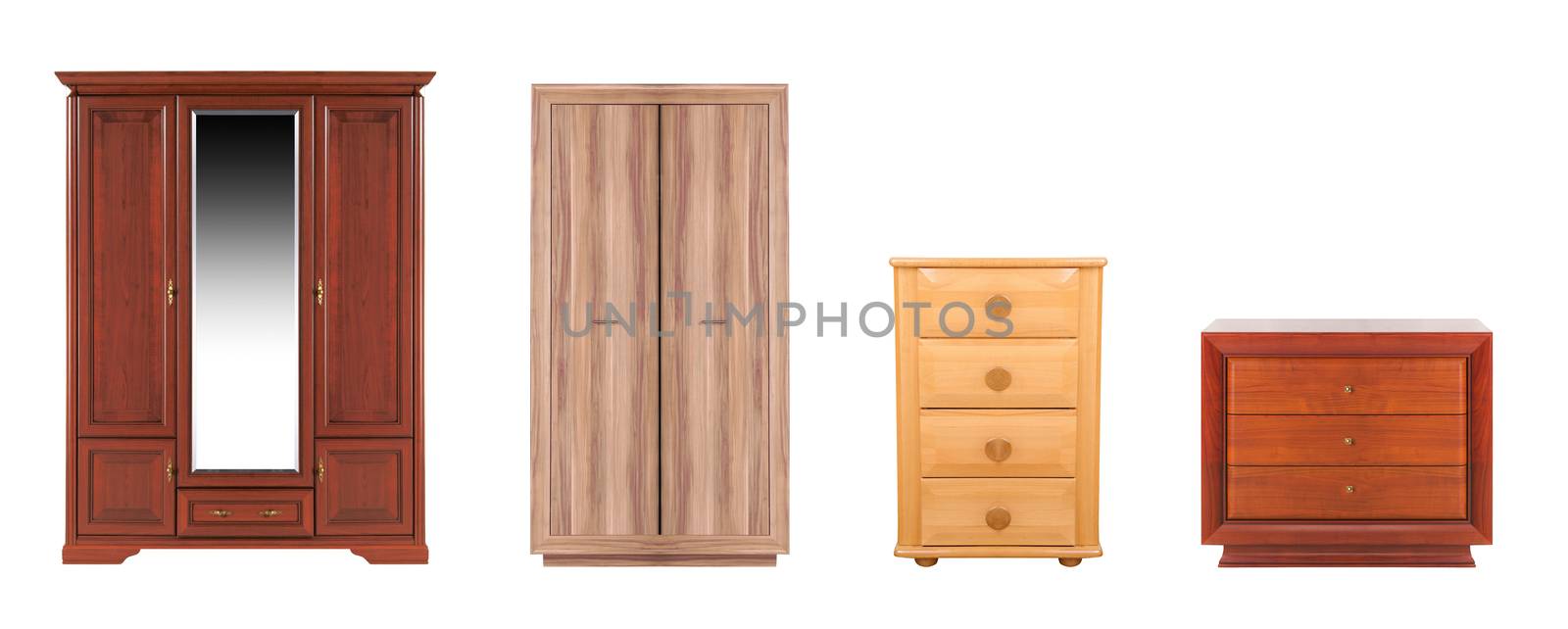 different modern wooden wardrobes on a white