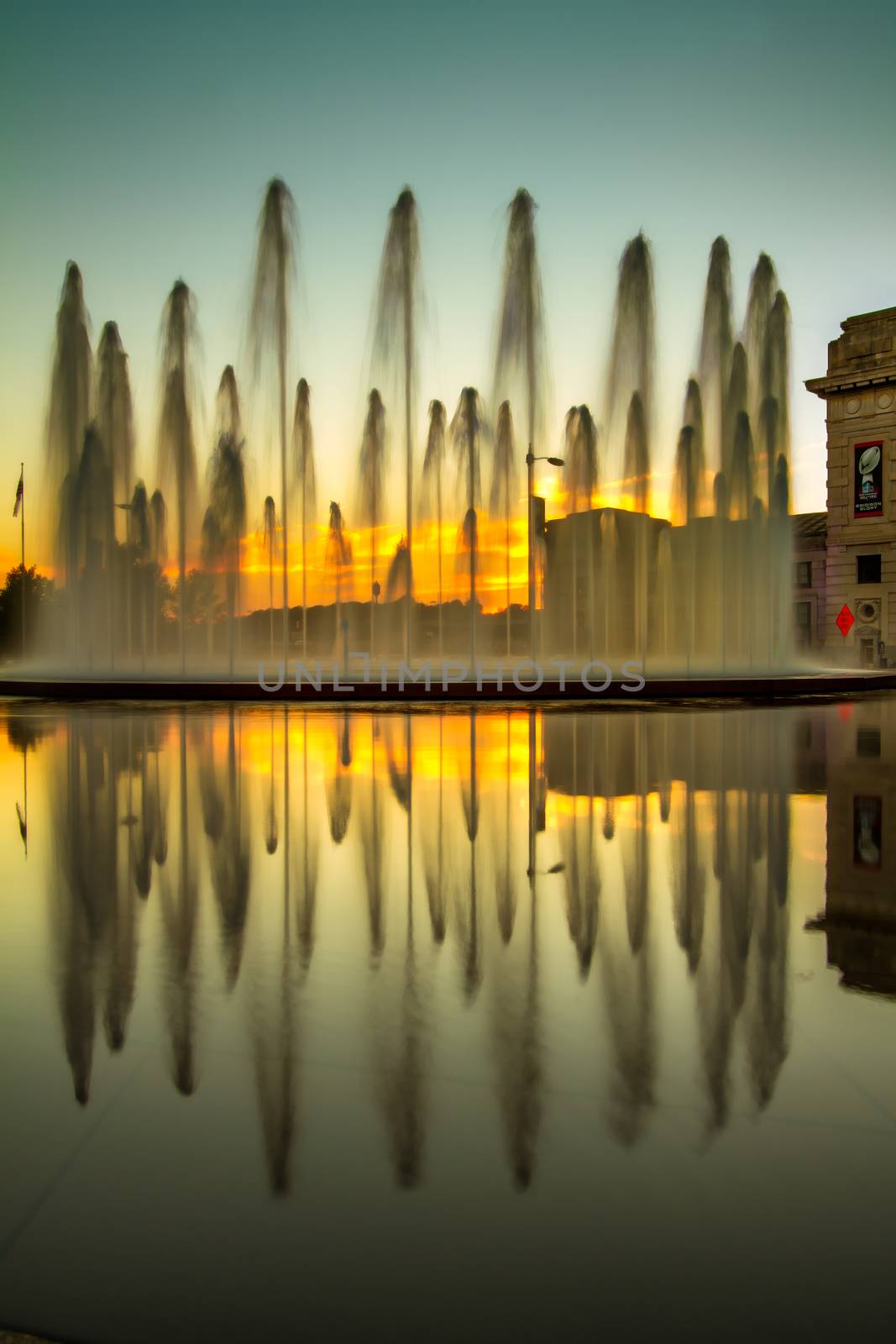 The Fountain in Front of Union Station in Kansas City at Sunset