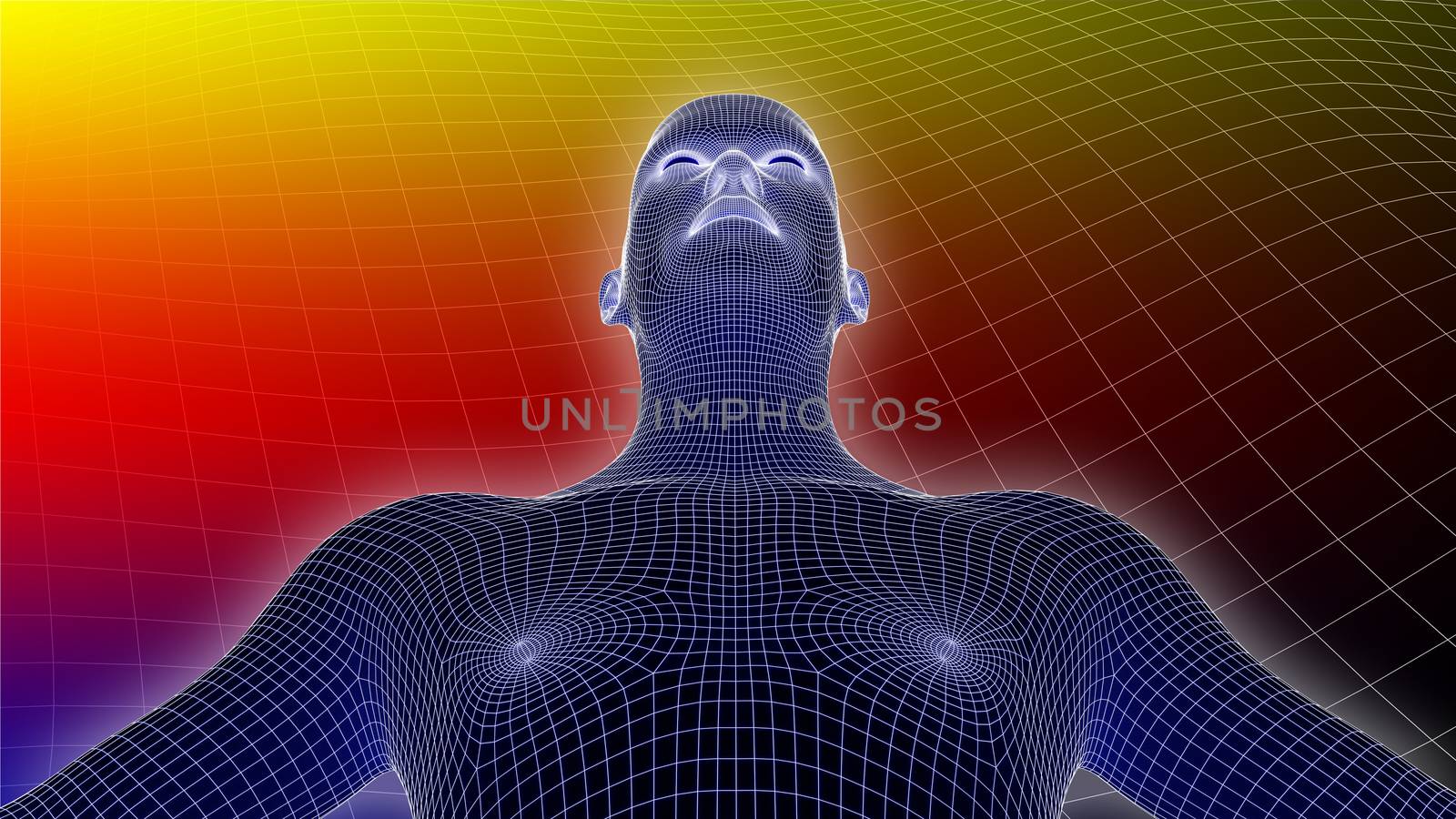 3D rendered image of human wireframe on multicolor background