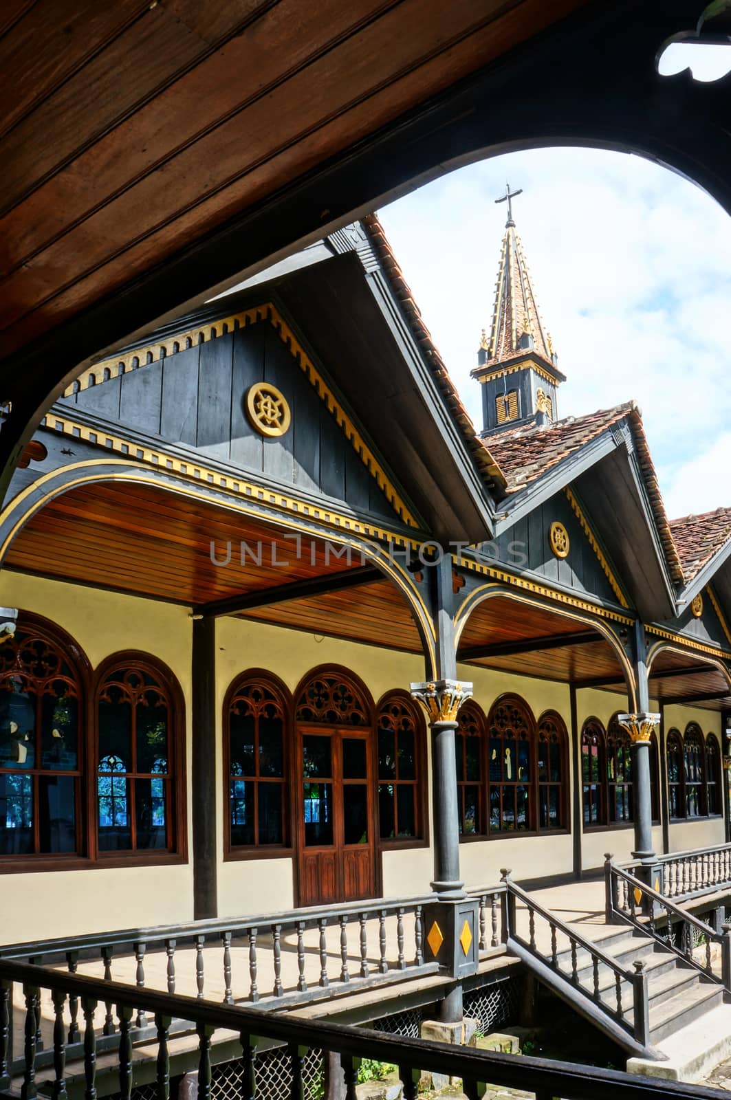 KON TUM, VIET NAM- AUG 22: Kontum wooden church, 100 years old, an ancient cathedral, religion heritage, famous place for travel, amazing architect make wonderful landscape, Vietnam, Aug 22, 2015