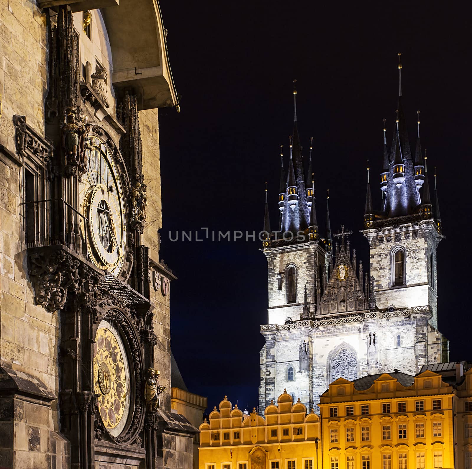 Prague Old Town, Astronomical clock, Tyn temple, old gothic and baroque buildings, square composition