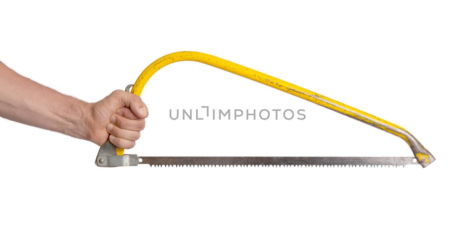 Working tools - Saw in a hand on a white background