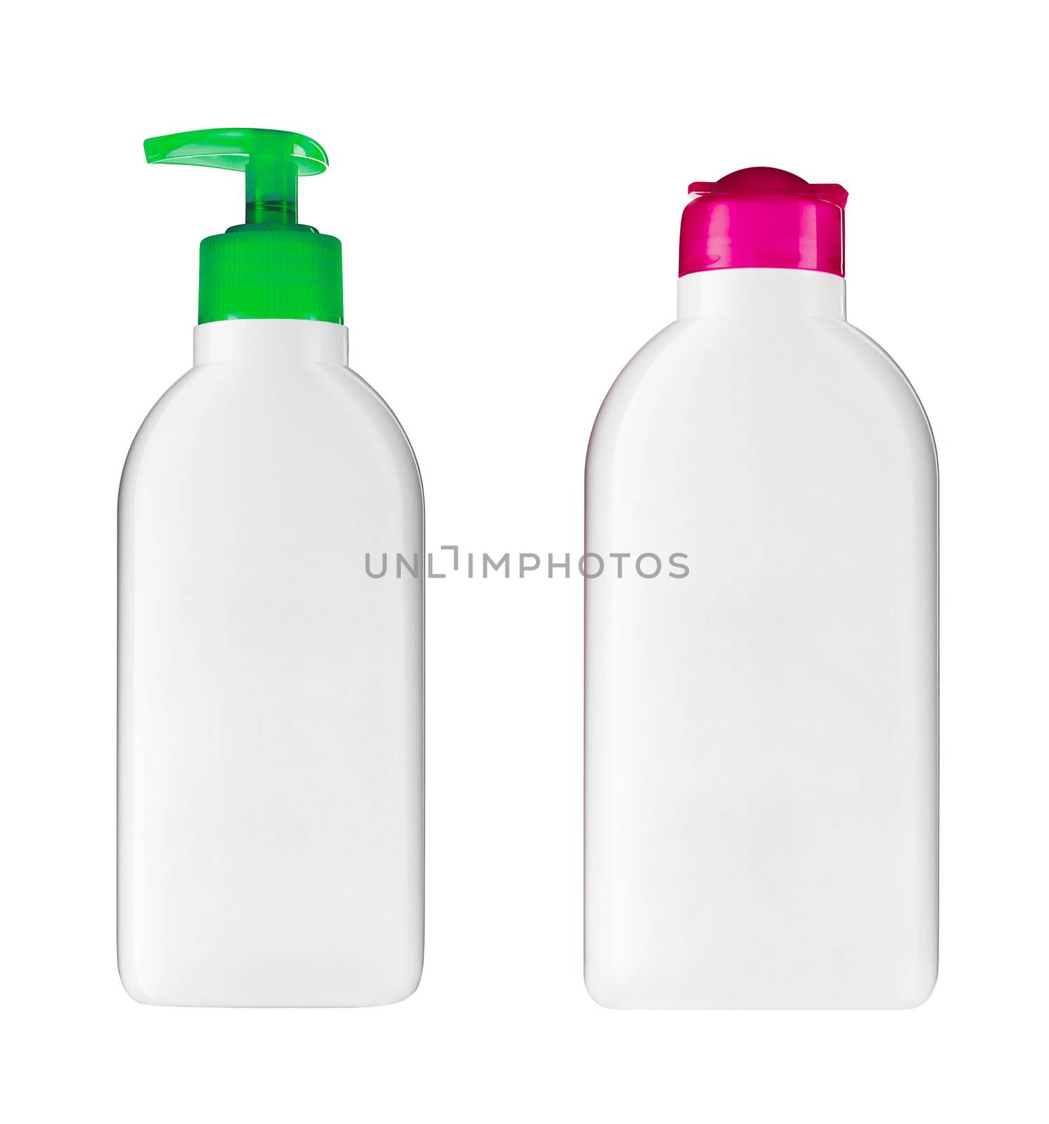 Plastic bottles with soap and shampoo