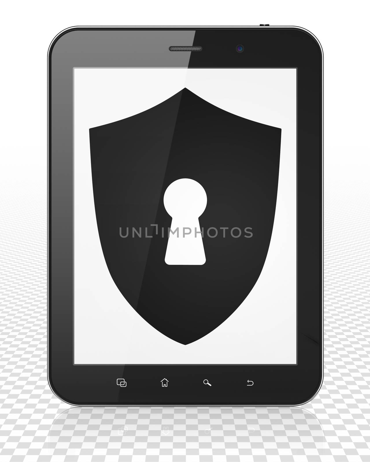 Protection concept: Tablet Pc Computer with Shield With Keyhole on display by maxkabakov