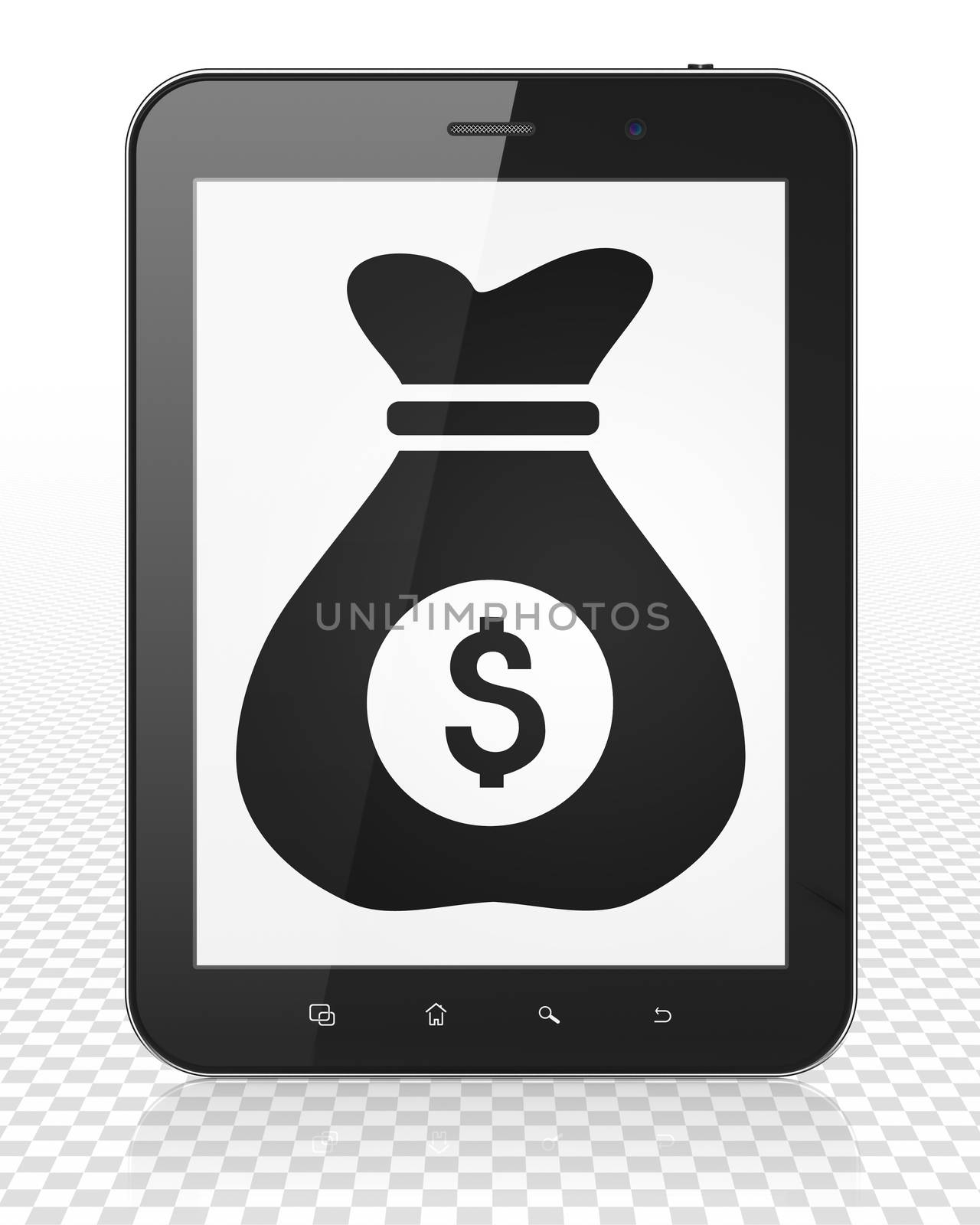 Finance concept: Tablet Pc Computer with Money Bag on display by maxkabakov