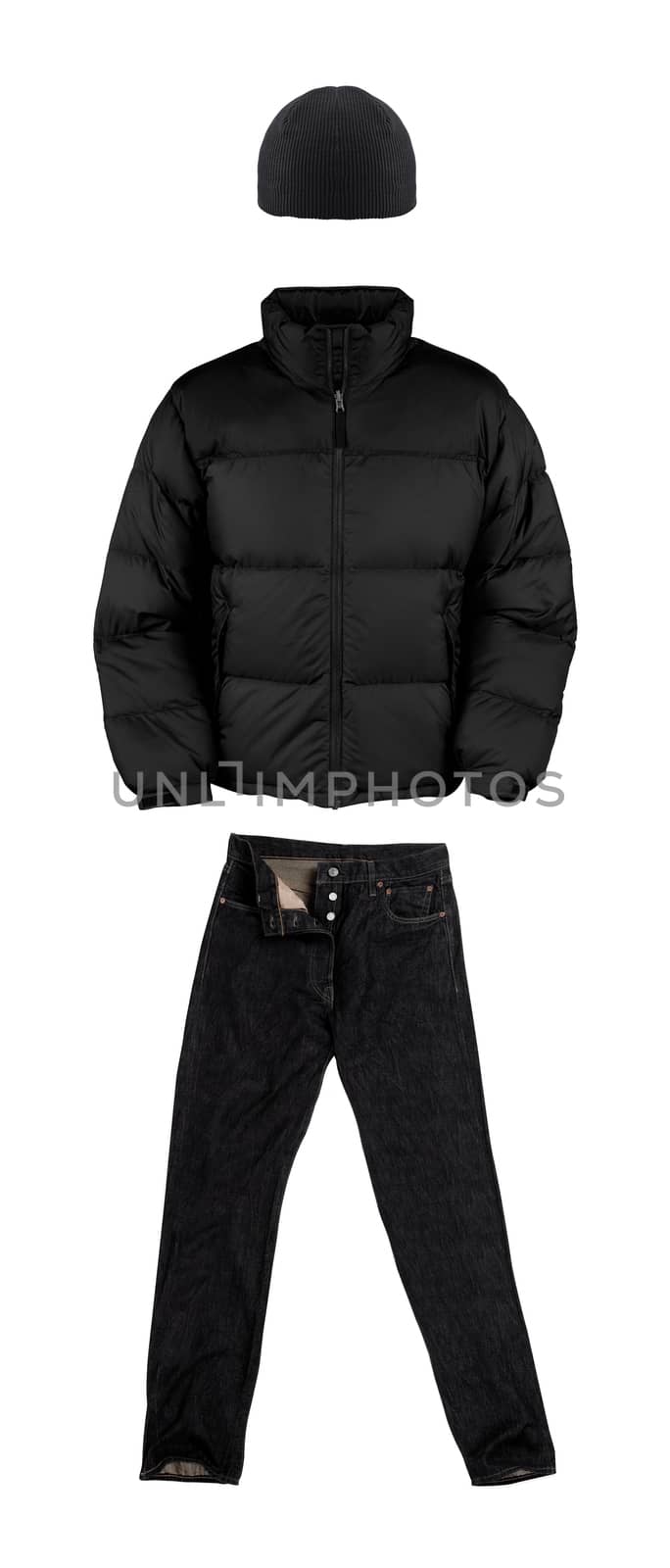 jacket, jeans and a hat isolated on white