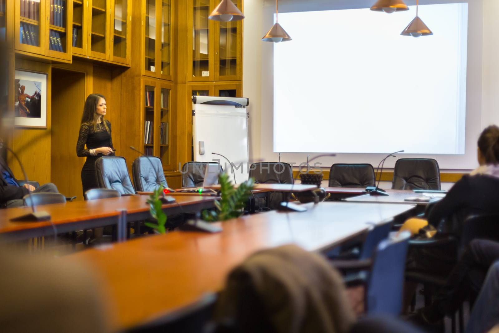 Corporative business woman on job interview. Female expert giving presentation in office in front of the human resources unit and business management. Business and Entrepreneurship.