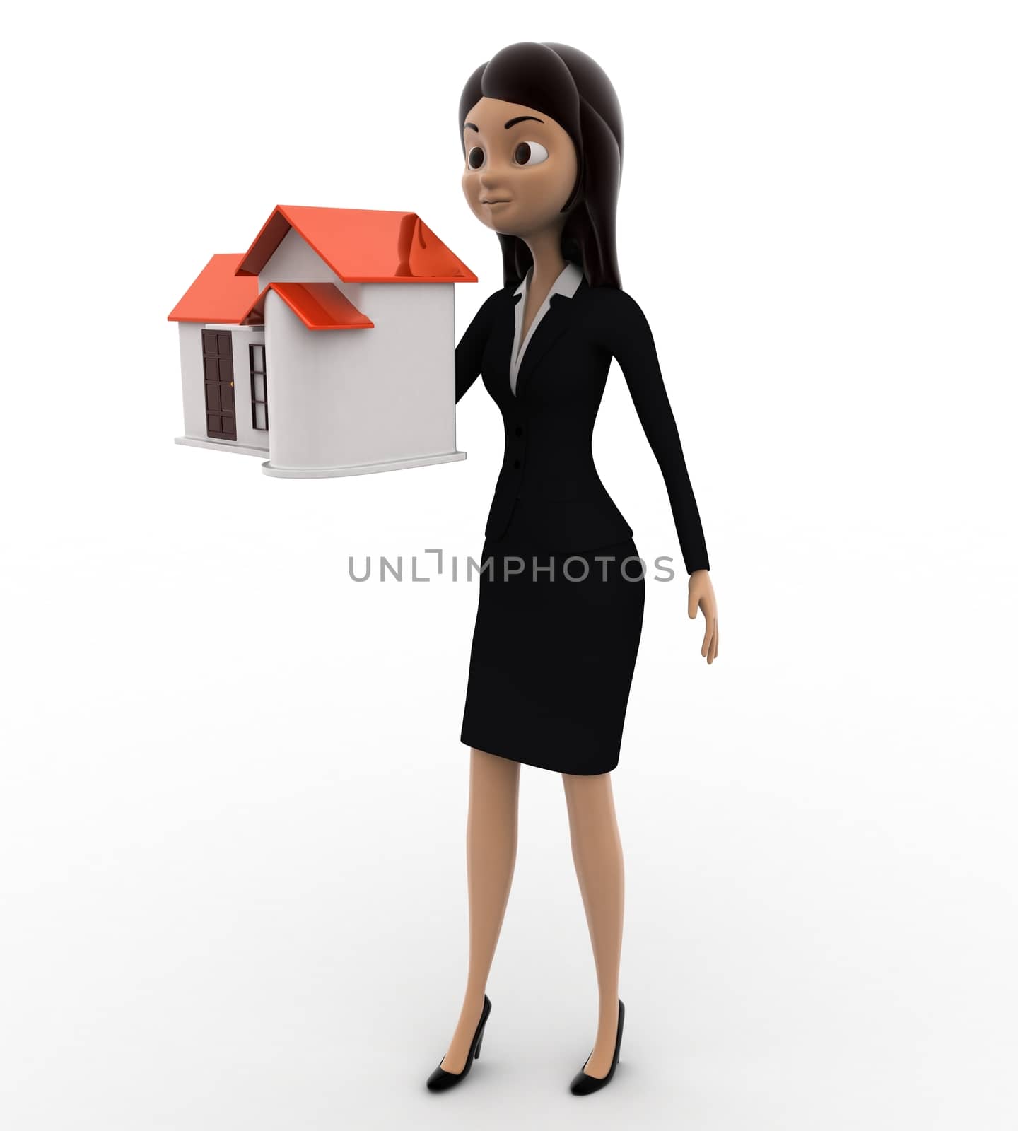 3d woman holding small house in hand concept on white background, side angle view