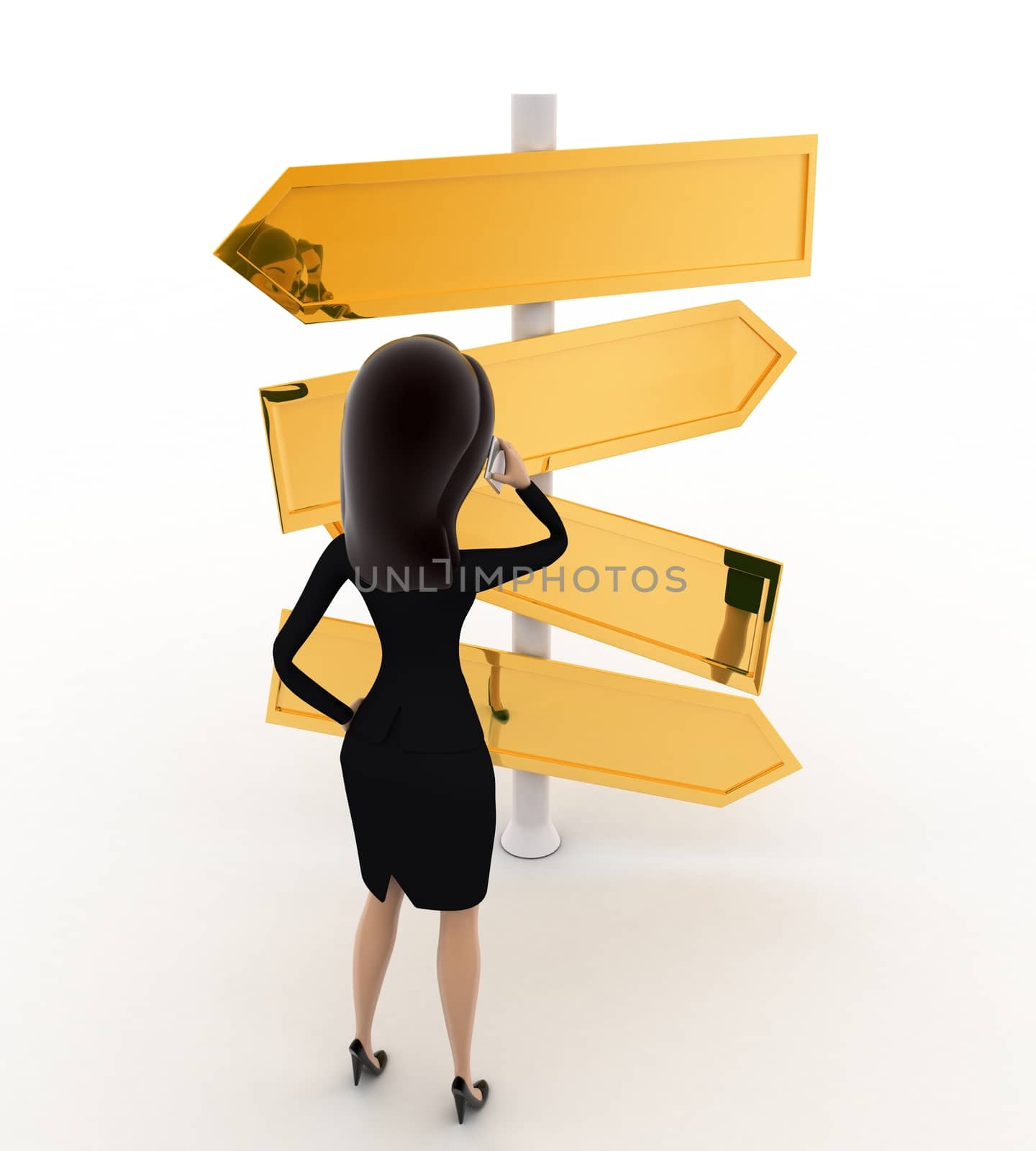 3d  woman looking at road sign board to find direction concept on white background, front angle view