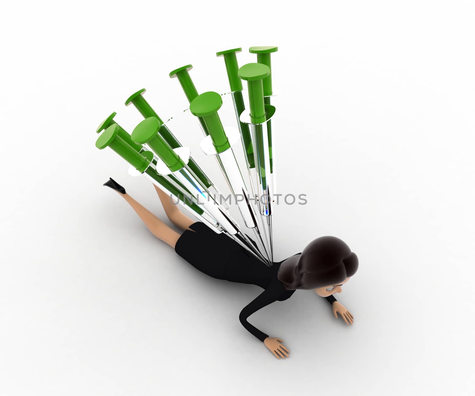 3d woman under many injection concept on white background,  top angle view