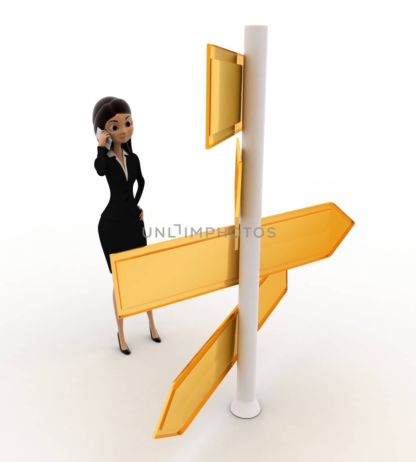 3d  woman looking at road sign board to find direction concept on white background, side angle view