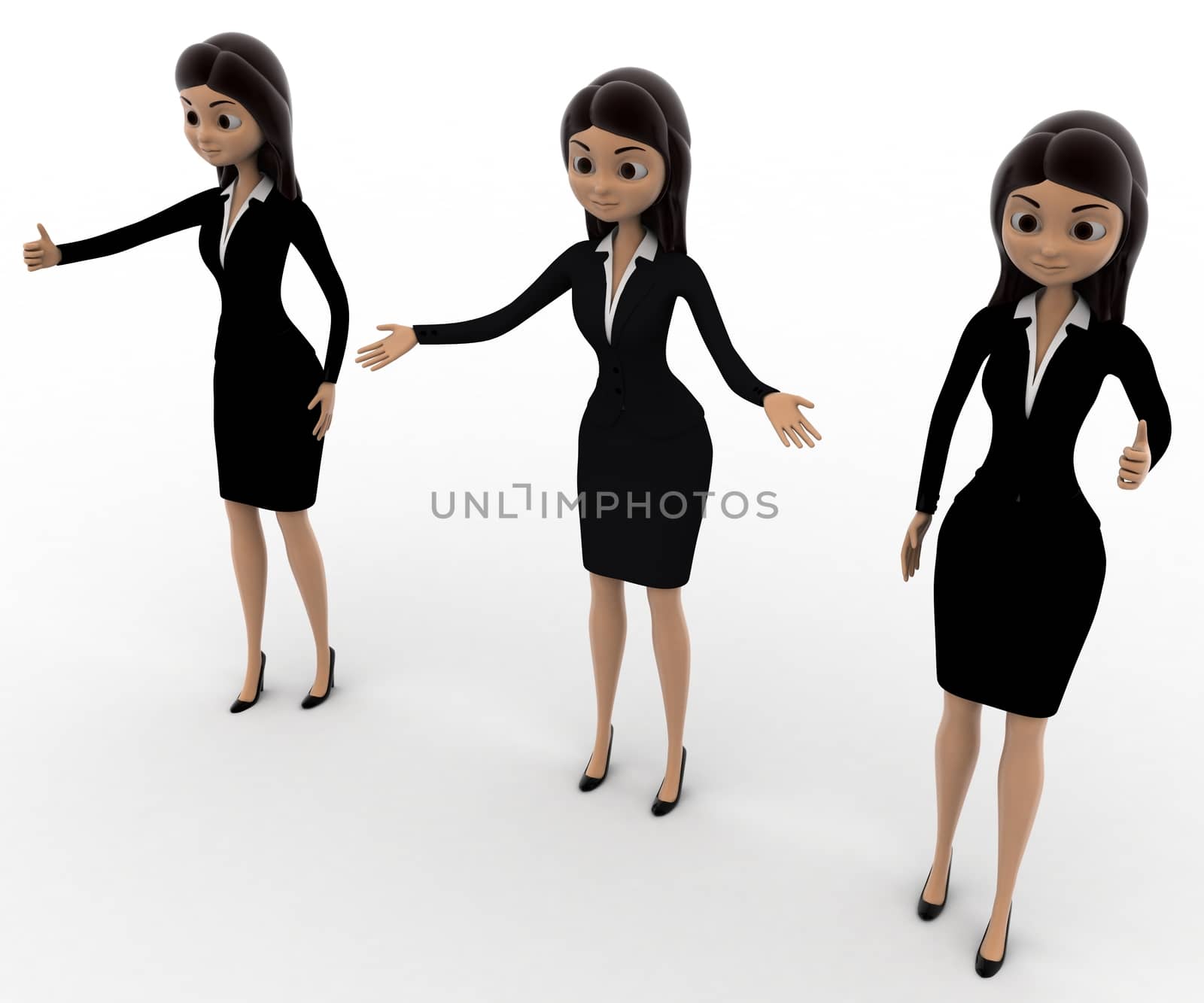 3d three women team concept on white background,  top angle view