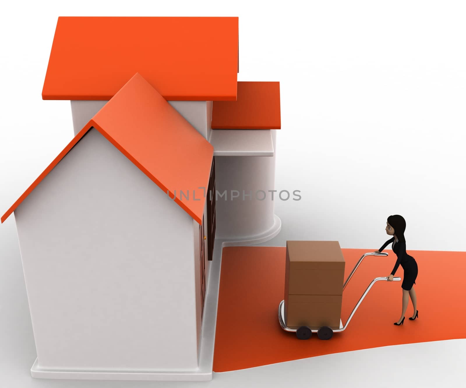 3d woman drive handtruck with box into house concept on white background, side top angle view