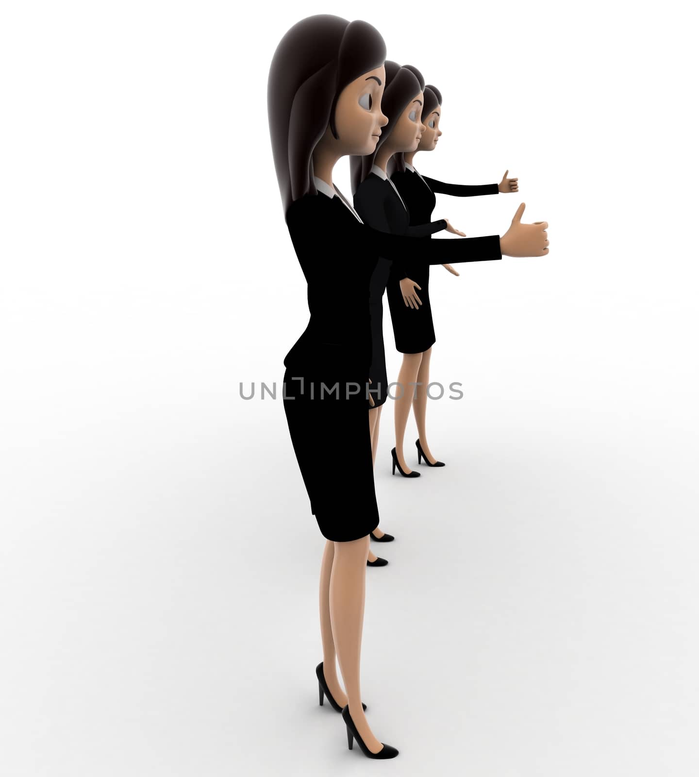 3d three women team concept on white background, side angle view