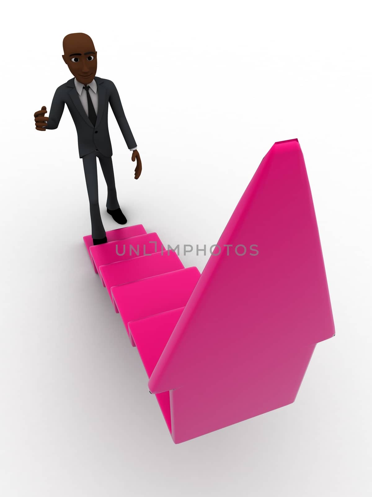 3d man walking on arrow stairs concept on white background,  top  angle view