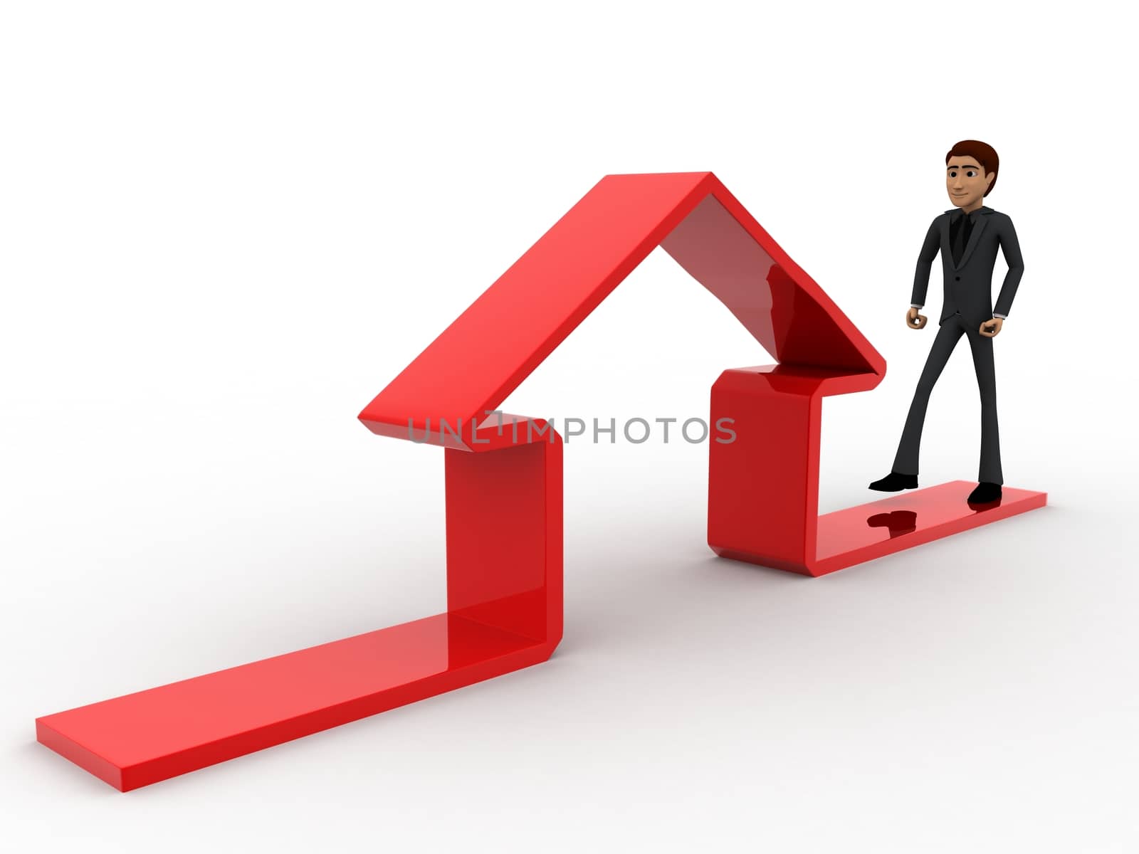 3d man walking towards home icon concept on white background, top angle view