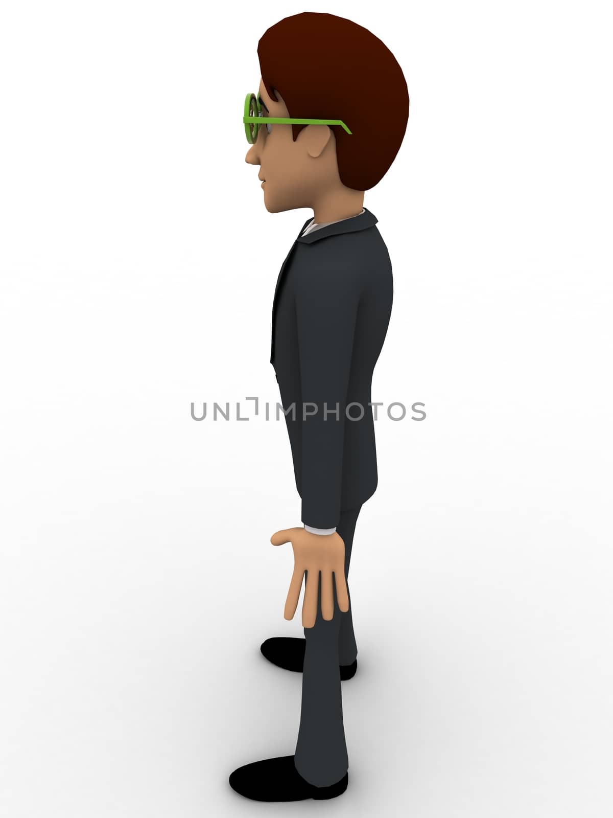 3d man wear dollar glasses concept on white background, side angle view