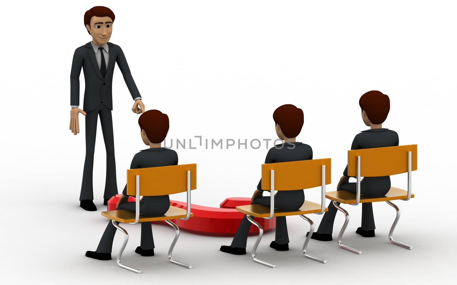 3d man teacher asking question to students concept on white background, back angle view