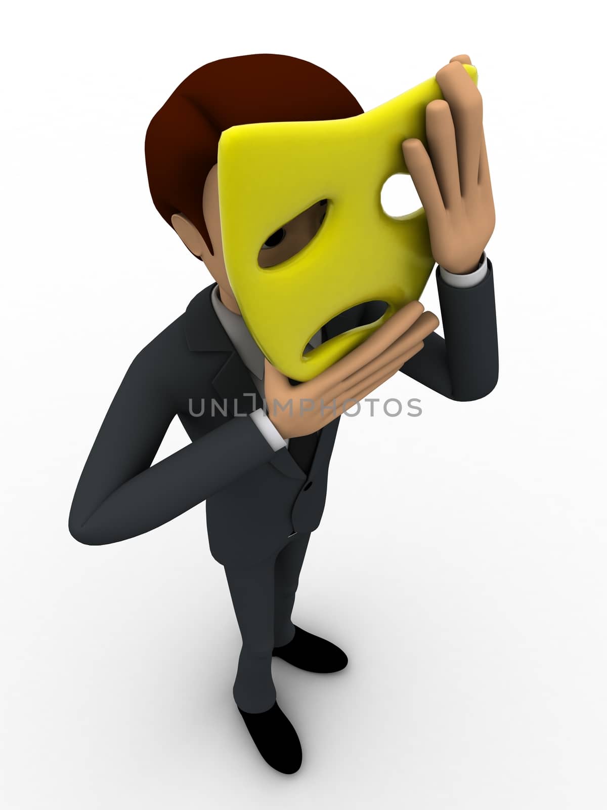 3d man wear unhappy mask concept on white background,  top angle view