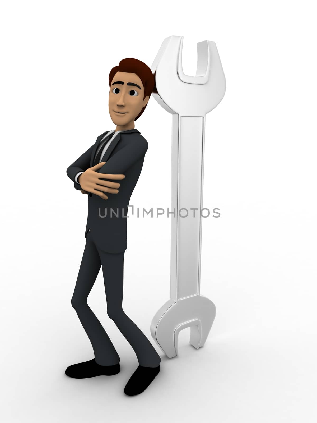 3d man leaning on wrench concept on white background,  side  angle view