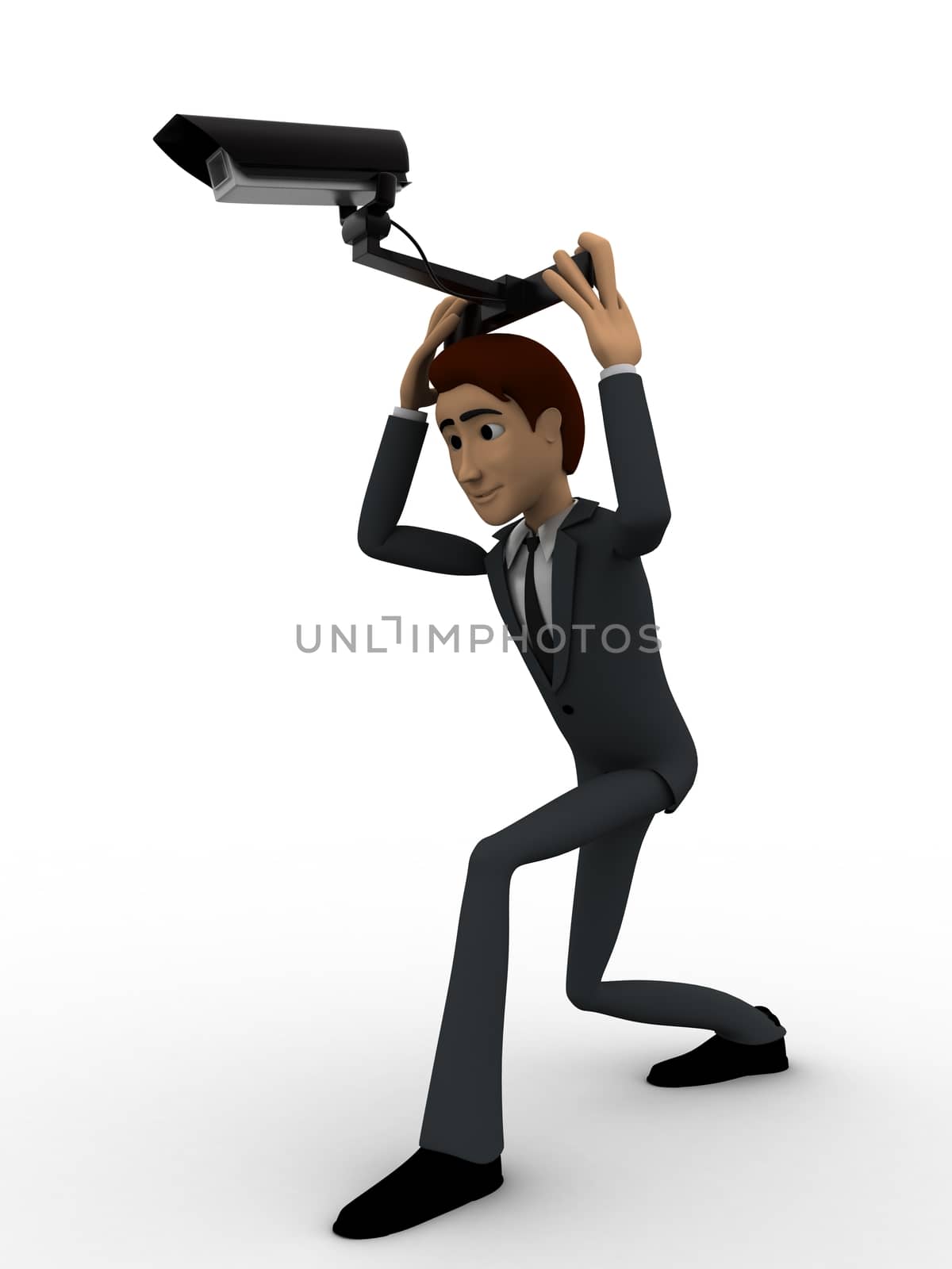 3d man holding cctv security camera on head concept on white background, side angle view