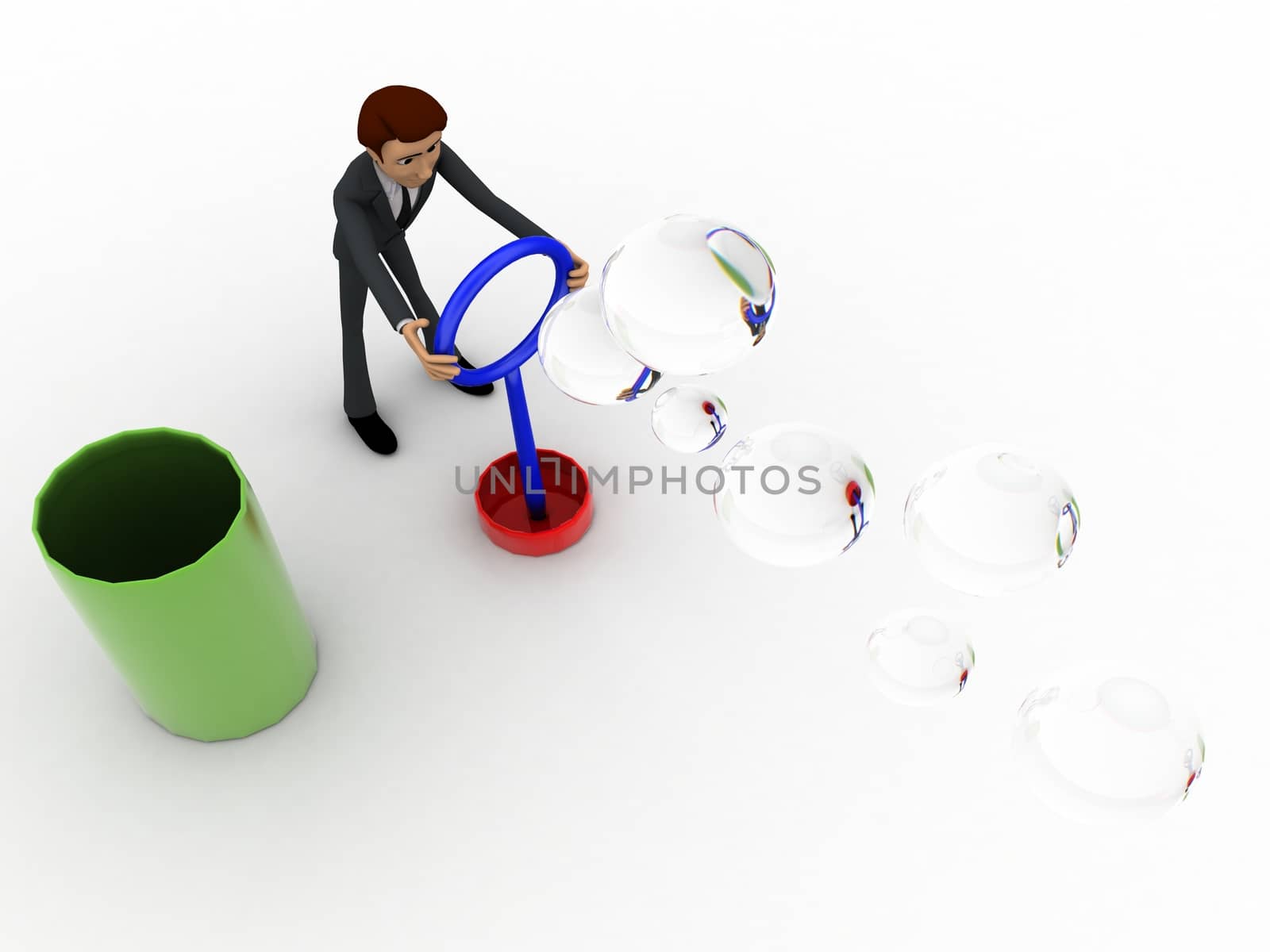 3d man create white bubbles concept on white background,  top angle view