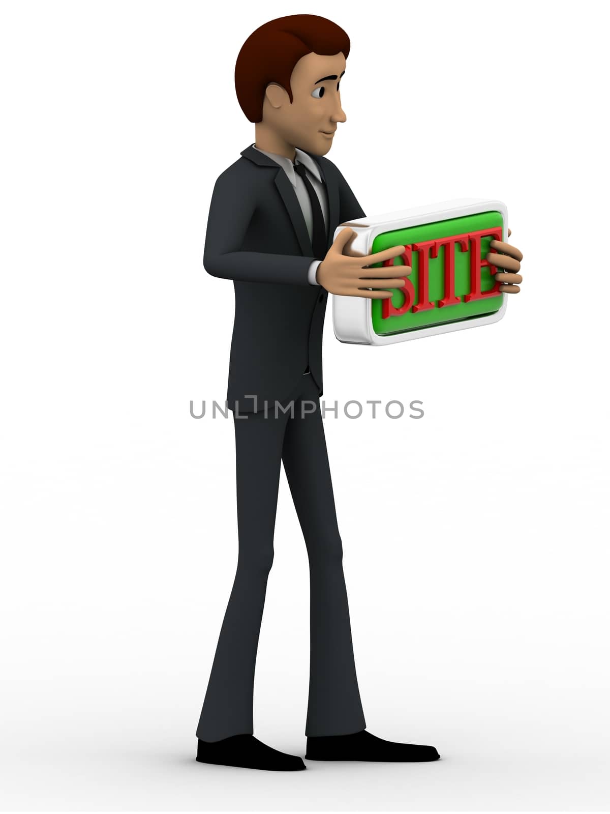 3d man holding site text board concept on white background,  side angle view