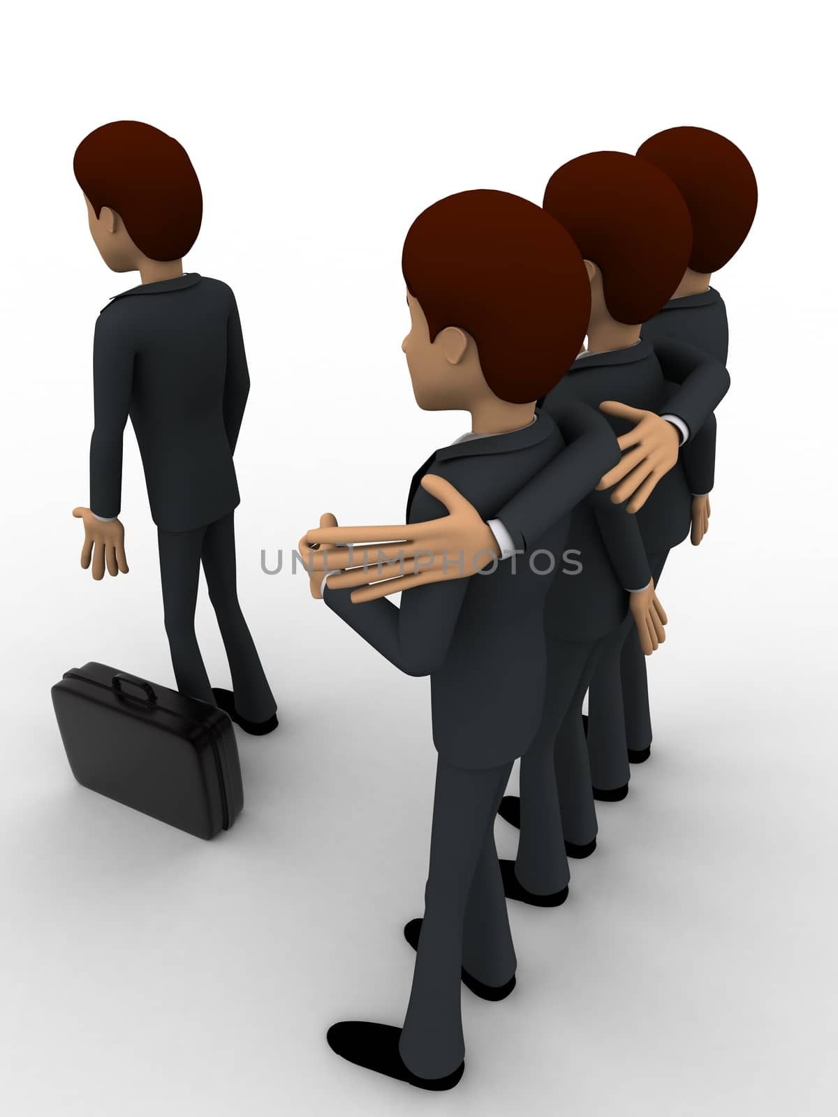 3d men team select person for work concept on white background, back angle view