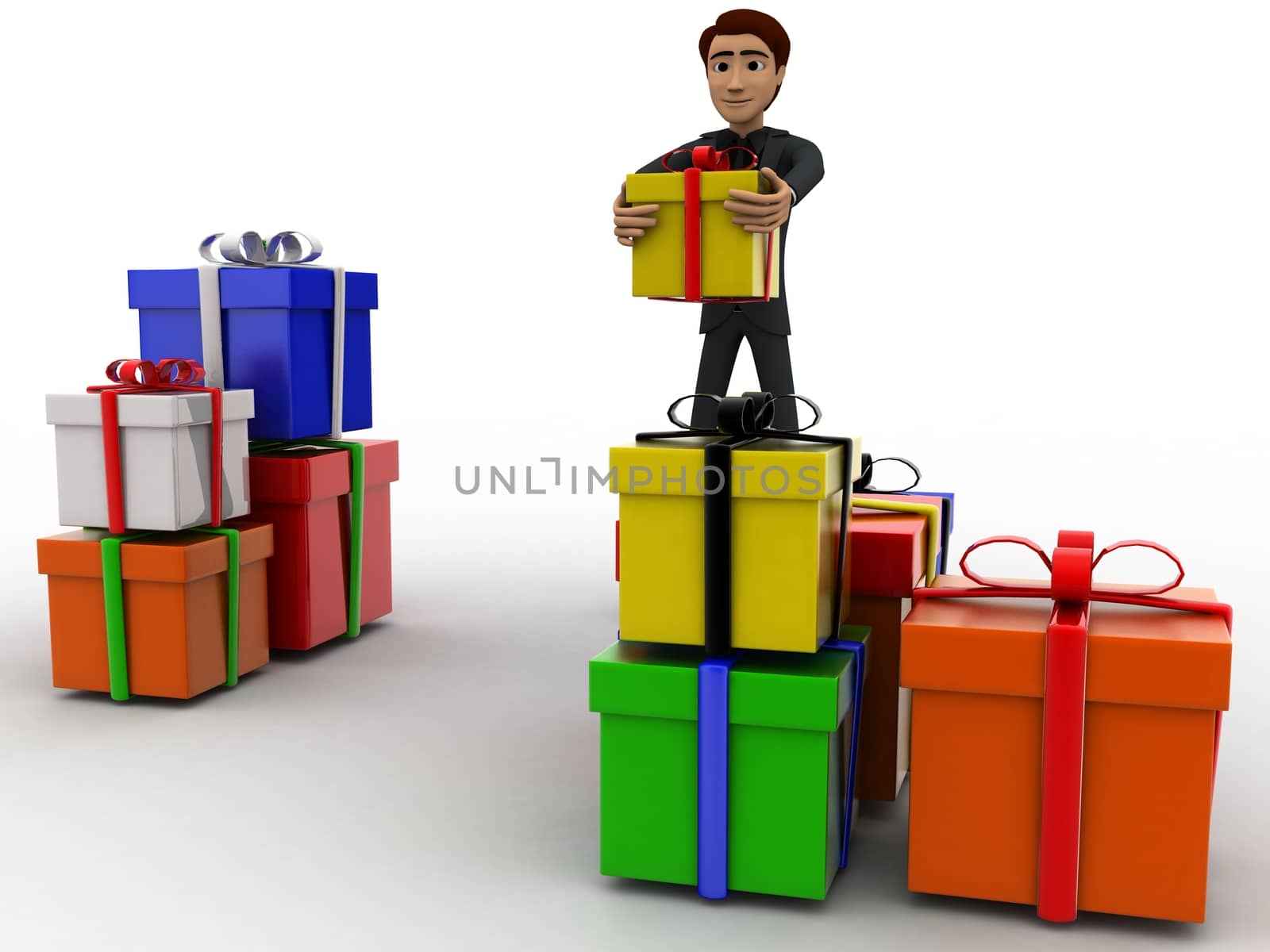 3d man with many gifts concept on white background, front angle view