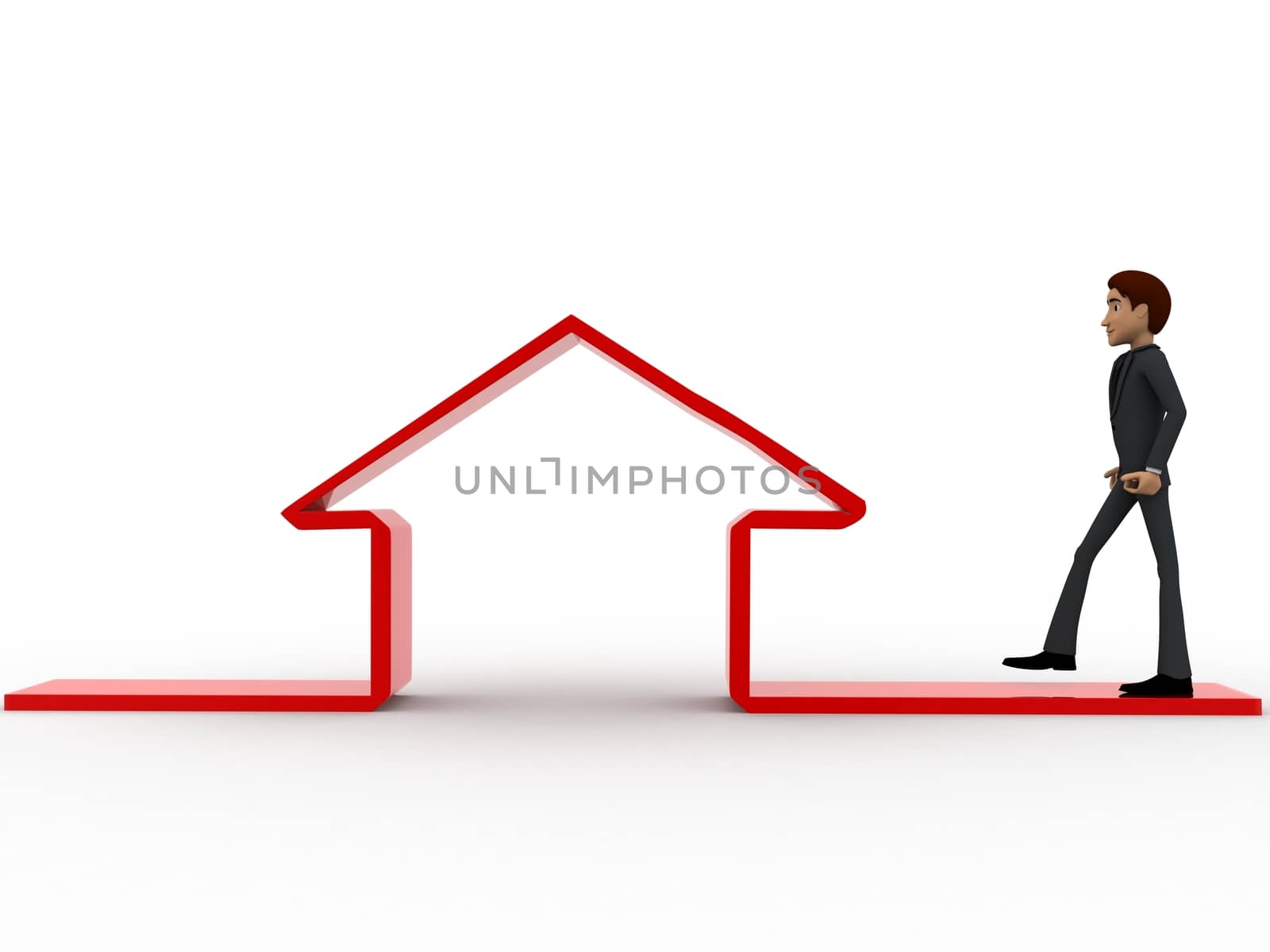 3d man walking towards home icon concept on white background, front angle view