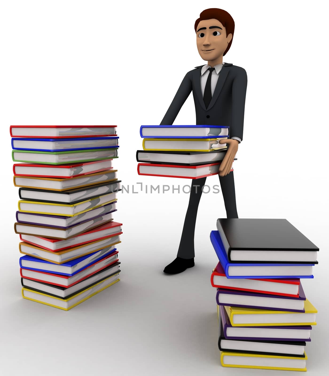 3d man with many books concept on white background, front angle view