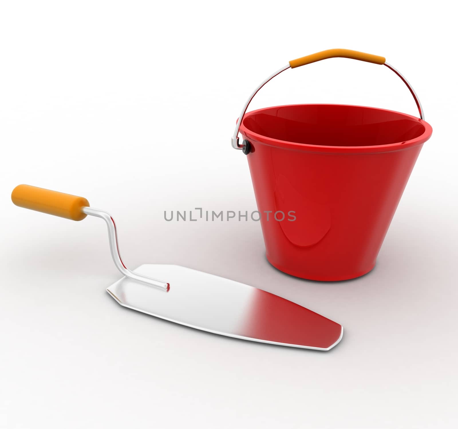 3d construction tool with bucket concept on white background,  front angle view