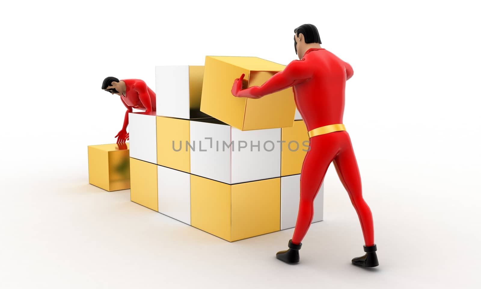 3d superhero  making big cube from small silver and golden cubes concept on white background, back angle view